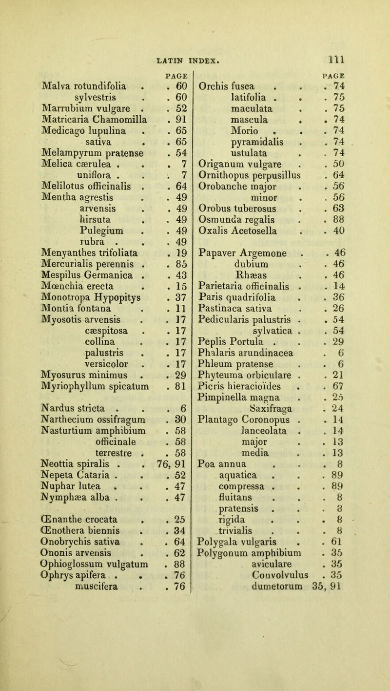 PAGE Malva rotundifolia . . 60 sylvestris . . 60 Marrubium vulgare . . 52 Matricaria Chamomilla . 91 Medicago lupulina . . 65 saliva . . 65 Melampyrum pratense . 54 Melica caerulea . . ,7 uniflora . . .7 Melilotus officinalis . . 64 Mentha agrestis . . 49 arvensis . . 49 hirsuta . . 49 Pulegium . . 49 rubra . . .49 Menyanthes trifoliata . 19 Mercurialis perennis . . 85 Mespilus Germanica . . 43 Moenchia erecta . .15 Monotropa Hypopitys . 37 Montia fontana . .11 Myosotis arvensis . .17 caespitosa . .17 collina . .17 palustris . .17 versicolor . .17 Myosurus minimus . . 29 Myriophyllum spicatum . 81 Nardus stricta . . .6 Narthecium ossifragura . 30 Nasturtium amphibium . 58 officinale . 58 terrestre . . 58 Neottia spiralis . . 76, 91 Nepeta Cataria . . .52 Nuphar lutea . . .47 Nymphaea alba . . .47 CEnanthe crocata . . 25 CEnothera biennis . . 34 Onobrychis saliva . . 64 Ononis arvensis . . 62 Ophioglossum vulgatum . 88 Ophrys apifera . . .76 Orchis fusca latifoHa . maculata mascula . Morio pyramidalis ustulata Origanum vulgare Ornithopus perpusillus Orobanche major minor Orobus tuberosus Osmunda regalis Oxalis Acetosella Papaver Argemone dubium Rhaeas Parietaria officinalis . Paris quadrifolia Pastinaca saliva Pedicularis palustris . sylvatica . Peplis Portula . Phalaris arundinacea Phleum pratense Phyteuma orbiculare . Picris hieracioi’des Pimpinella magna Saxifraga Plantago Coronopus . lanceolata . major media Poa annua aquatica compressa . fluitans pratensis rigida trivialis Polygala vulgaris Polygonum amphibium aviculare Convolvulus 111 PAGE . 74 . 75 . 75 . 74 . 74 . 74 . 74 . 50 . 64 . 56 . 56 . 63 . 88 . 40 . 46 . 46 . 46 . 14 . 36 . 26 . 54 . 54 . 29 . 6 . 6 . 21 . 67 . 25 . 24 . 14 . 14 . 13 . 13 . 8 . 89 . 89 . 8 . 8 . 8 . 8 . 61 . 35 . 35 . 35