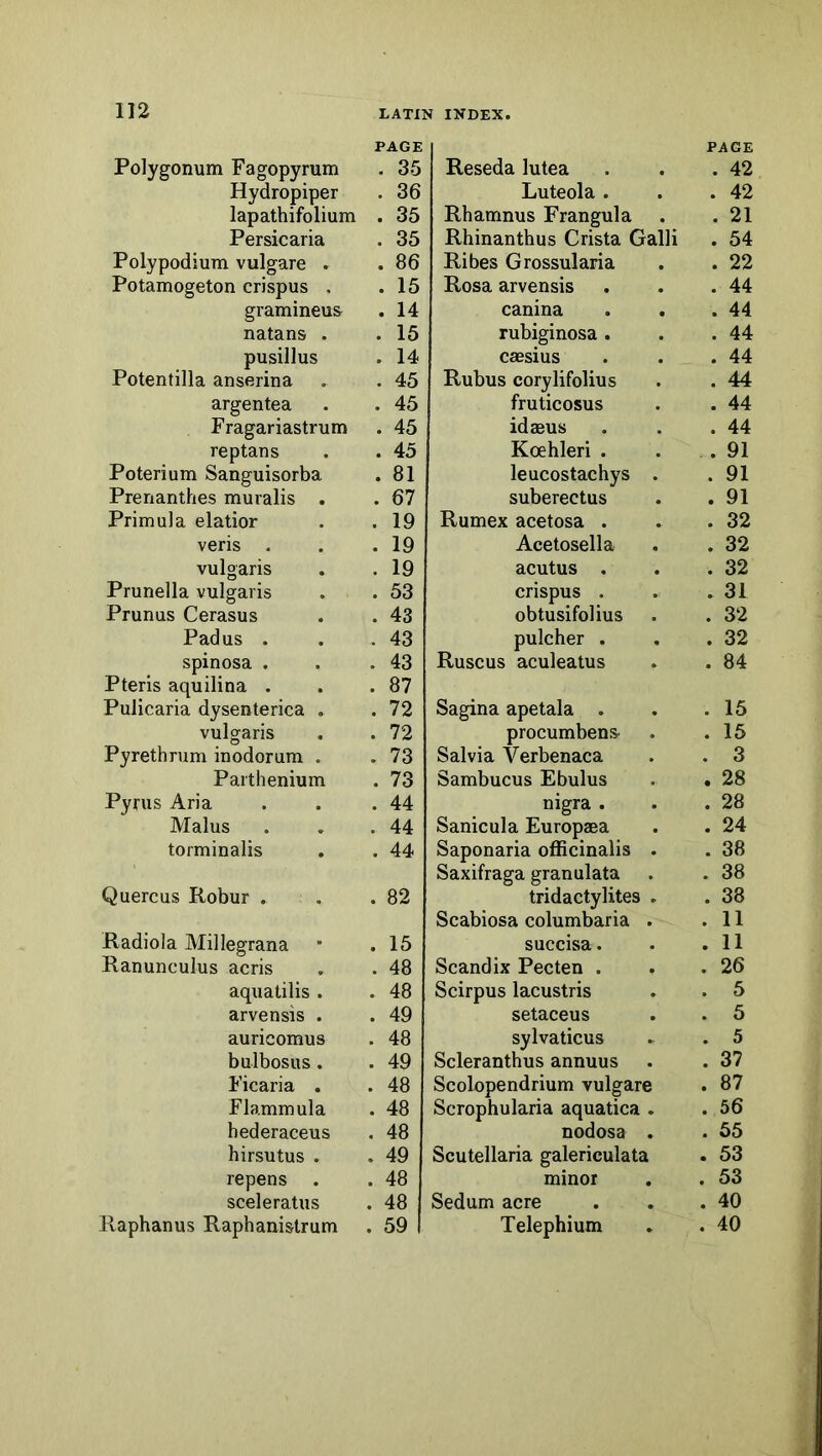 Polygonum Fagopyrum PAGE . 35 Hydropiper . 36 lapathifolium . 35 Persicaria . 35 Polypodium vulgare . . 86 Potamogeton crispus . . 15 gramineus . 14 natans . . 15 pusillus . 14 Potentilla anserina . 45 argentea . 45 Fragariastrum . 45 reptans . 45 Poterium Sanguisorba . 81 Prenanthes muralis . . 67 Primula elatior . 19 veris . . 19 vulgaris . 19 Prunella vulgaris . 53 Prunus Cerasus . 43 Pad us . . 43 spinosa . . 43 Pteris aquilina . . 87 Pulicaria dysenterica . . 72 vulgaris . 72 Pyrethrum inodorum . . 73 Parthenium . 73 Pyrus Aria . 44 Malus . 44 torminalis . 44 Quercus Robur . . 82 Radiola Millegrana . 15 Ranunculus acris . 48 aquatilis . . 48 arvensis . . 49 auricomus . 48 bulbosus. . 49 Ficaria . . 48 Flammula . 48 hederaceus . 48 hirsutus . . 49 repens . . 48 sceleratus . 48 Raphanus Raphanistrum . 59 PAGE Reseda lutea . . .42 Luteola . . .42 Rhamnus Frangula . . 21 Rhinanthus Crista Galli . 54 Ribes Grossularia . . 22 Rosa arvensis . . .44 canina . . .44 rubiginosa. . .44 cagsius . . .44 Rubus corylifolius . . 44 fruticosus . . 44 idaeus . . .44 Koehleri . . .91 leucostachys . . 91 suberectus . .91 Rumex acetosa . . .32 Acetosella . . 32 acutus . . .32 crispus . . .31 obtusifolius . . 32 pulcher . . .32 Ruscus aculeatus . . 84 Sagina apetala . . .15 procumbens^ . .15 Salvia Verbenaca . . 3 Sambucus Ebulus . • 28 nigra . . .28 Sanicula Europaea . . 24 Saponaria officinalis . . 38 Saxifraga granulata . . 38 tridactylites . . 38 Scabiosa columbaria . .11 succisa. . .11 Scandix Pecten . . .26 Scirpus lacustris . . 5 setaceus . . 5 sylvaticus . . 5 Scleranthus annuus . . 37 Scolopendrium vulgare . 87 Scrophularia aquatica . . 56 nodosa . . 55 Scutellaria galericulata . 53 minor . . 53 Sedum acre . . .40 Telephium . . 40