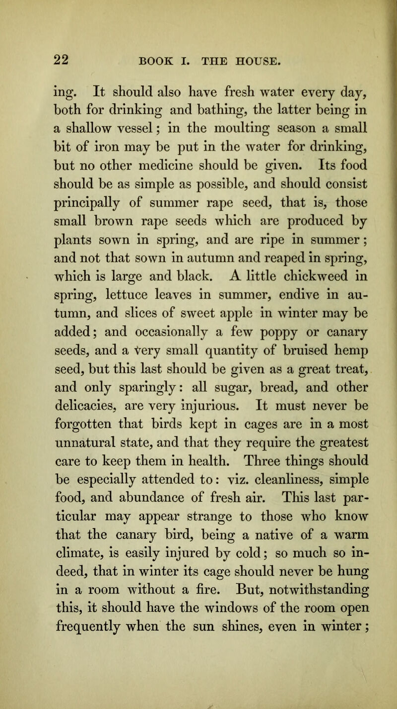 ing. It should also have fresh water every day, both for drinking and bathing, the latter being in a shallow vessel; in the moulting season a small bit of iron may be put in the water for drinking, but no other medicine should be given. Its food should be as simple as possible, and should consist principally of summer rape seed, that is, those small brown rape seeds which are produced by plants sown in spring, and are ripe in summer; and not that sown in autumn and reaped in spring, which is large and black. A little chickweed in spring, lettuce leaves in summer, endive in au- tumn, and slices of sweet apple in winter may be added; and occasionally a few poppy or canary seeds, and a tery small quantity of bruised hemp seed, but this last should be given as a great treat, and only sparingly: all sugar, bread, and other delicacies, are very injurious. It must never be forgotten that birds kept in cages are in a most unnatural state, and that they require the greatest care to keep them in health. Three things should be especially attended to: viz. cleanliness, simple food, and abundance of fresh air. This last par- ticular may appear strange to those who know that the canary bird, being a native of a warm climate, is easily injured by cold; so much so in- deed, that in winter its cage should never be hung in a room without a fire. But, notwithstanding this, it should have the windows of the room open frequently when the sun shines, even in winter;