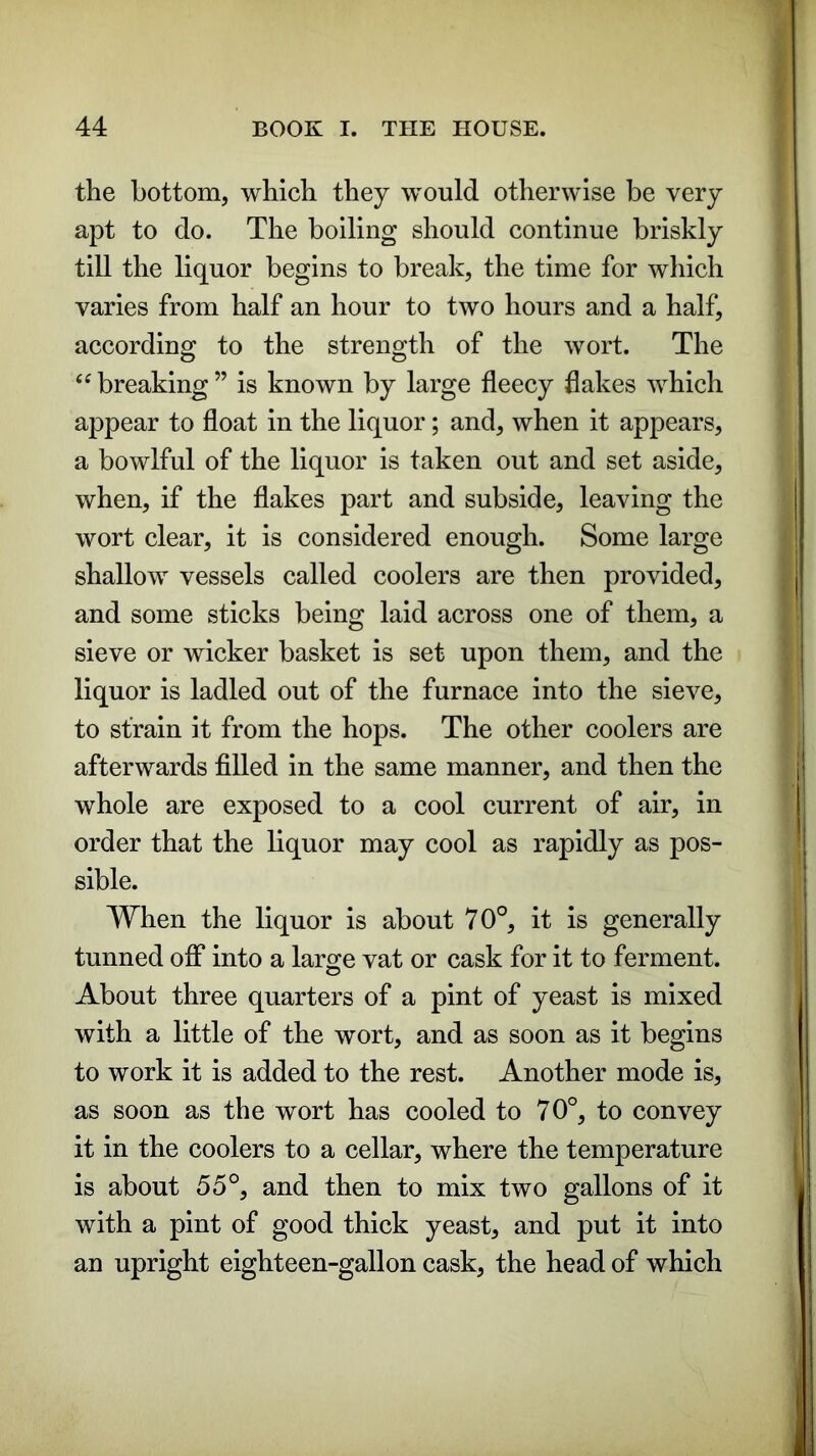 the bottom, which they would otherwise be very apt to do. The boiling should continue briskly till the liquor begins to break, the time for which varies from half an hour to two hours and a half, according to the strength of the wort. The “breaking” is known by large fleecy flakes which appear to float in the liquor; and, when it appears, a bowlful of the liquor is taken out and set aside, when, if the flakes part and subside, leaving the wort clear, it is considered enough. Some large shallow vessels called coolers are then provided, and some sticks being laid across one of them, a sieve or wicker basket is set upon them, and the liquor is ladled out of the furnace into the sieve, to strain it from the hops. The other coolers are afterwards filled in the same manner, and then the whole are exposed to a cool current of air, in order that the liquor may cool as rapidly as pos- sible. When the liquor is about 70°, it is generally tunned off into a large vat or cask for it to ferment. About three quarters of a pint of yeast is mixed with a little of the wort, and as soon as it begins to work it is added to the rest. Another mode is, as soon as the wort has cooled to 70°, to convey it in the coolers to a cellar, where the temperature is about 55°, and then to mix two gallons of it with a pint of good thick yeast, and put it into an upright eighteen-gallon cask, the head of which