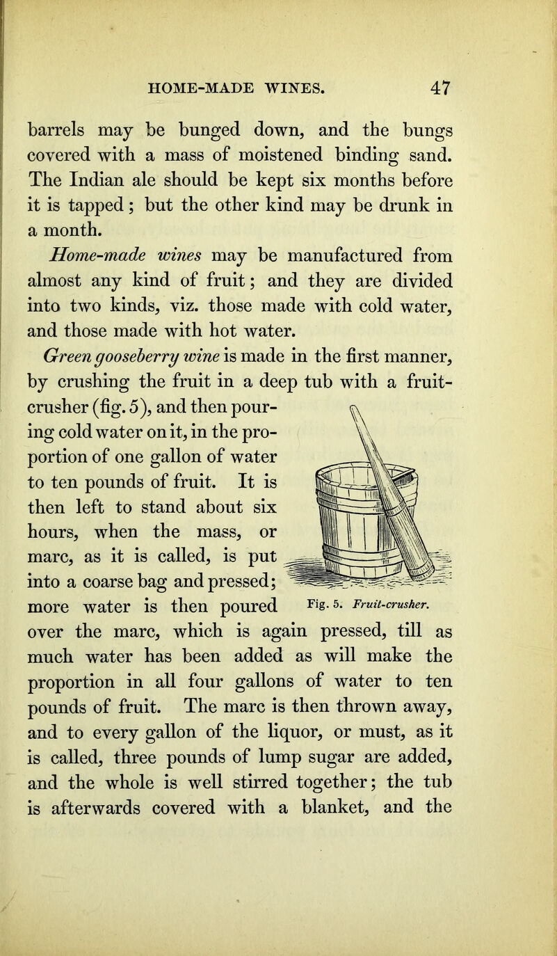 barrels may be bunged down, and the bungs covered with a mass of moistened binding sand. The Indian ale should be kept six months before it is tapped; but the other kind may be drunk in a month. Home-made wines may be manufactured from almost any kind of fruit; and they are divided into two kinds, viz. those made with cold water, and those made with hot water. Green gooseberry wine is made in the first manner, by crushing the fruit in a deep tub with a fruit- crusher (fig. 5), and then pour- ing cold water on it, in the pro- portion of one gallon of water to ten pounds of fruit. It is then left to stand about six hours, when the mass, or marc, as it is called, is put into a coarse bag and pressed; more water is then poured Fis-5- Fruit-crusher. over the marc, which is again pressed, till as much water has been added as will make the proportion in all four gallons of water to ten pounds of fruit. The marc is then thrown away, and to every gallon of the liquor, or must, as it is called, three pounds of lump sugar are added, and the wThole is well stirred together; the tub is afterwards covered with a blanket, and the