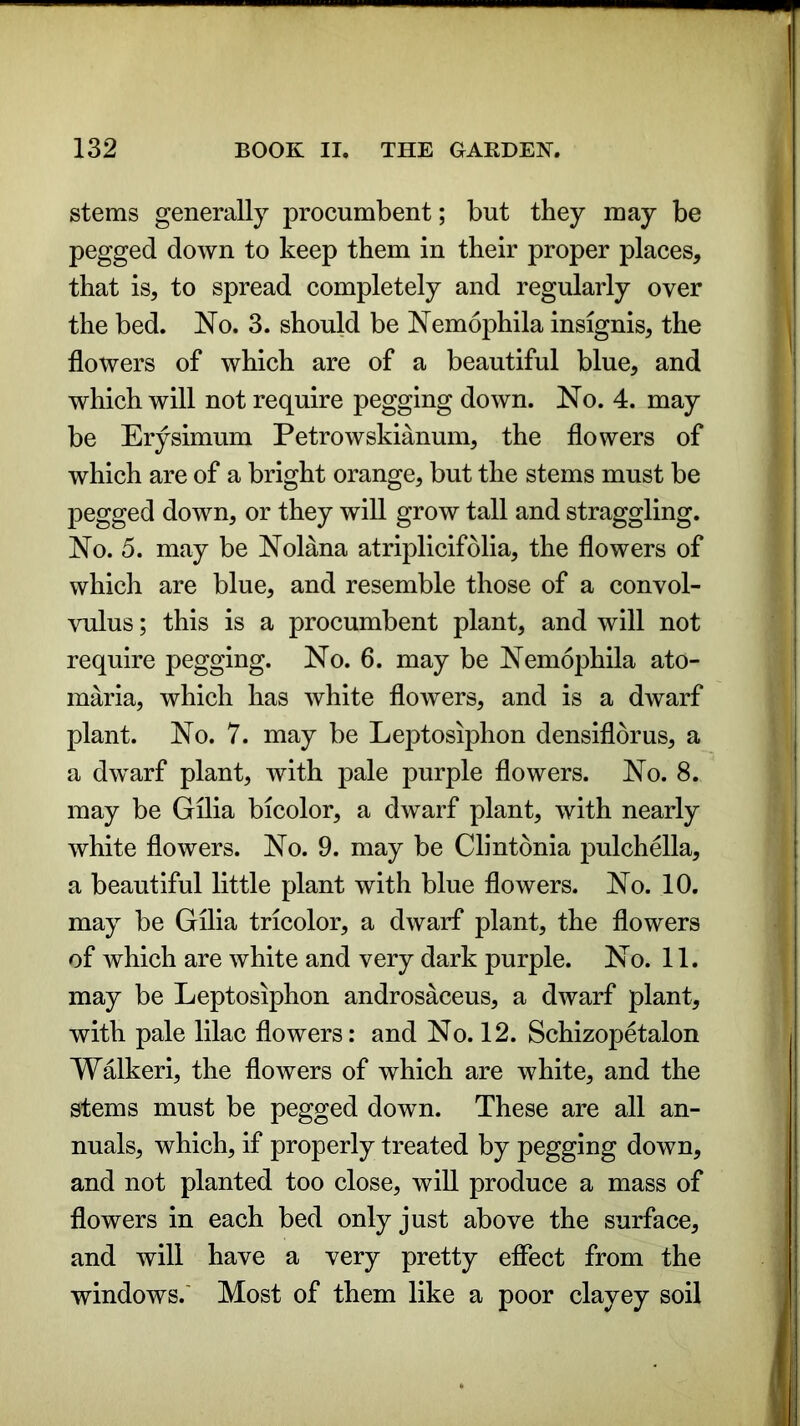 stems generally procumbent; but they may be pegged down to keep them in their proper places, that is, to spread completely and regularly over the bed. No. 3. should be Nemophila insignis, the flowers of which are of a beautiful blue, and which will not require pegging down. No. 4. may be Erysimum Petrowskianum, the flowers of which are of a bright orange, but the stems must be pegged down, or they will grow tall and straggling. No. 5. may be Nolana atriplicifolia, the flowers of which are blue, and resemble those of a convol- vulus ; this is a procumbent plant, and will not require pegging. No. 6. may be Nemophila ato- maria, which has white flowers, and is a dwarf plant. No. 7. may be Leptosiphon densifldrus, a a dwarf plant, with pale purple flowers. No. 8. may be Gllia bicolor, a dwarf plant, with nearly white flowers. No. 9. may be Clintonia pulchella, a beautiful little plant with blue flowers. No. 10. may be Gilia tricolor, a dwarf plant, the flowers of which are white and very dark purple. No. 11. may be Leptosiphon androsaceus, a dwarf plant, with pale lilac flowers: and No. 12. Schizopetalon Walkeri, the flowers of which are white, and the stems must be pegged down. These are all an- nuals, which, if properly treated by pegging down, and not planted too close, will produce a mass of flowers in each bed only just above the surface, and will have a very pretty effect from the windows.' Most of them like a poor clayey soil