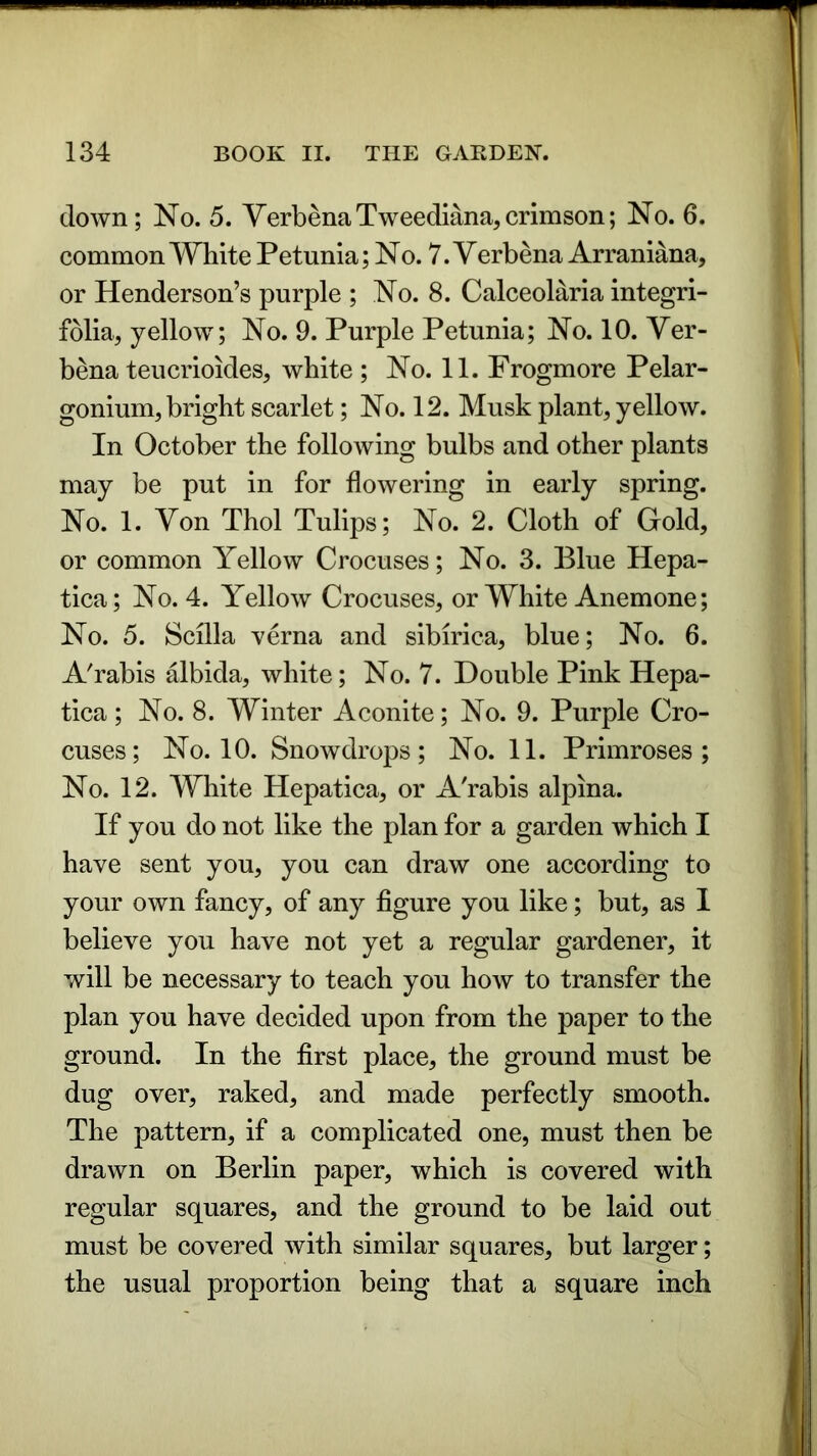 down; No. 5. Verbena Tweediana, crimson; No. 6. common White Petunia; No. 7. Verbena Arraniana, or Henderson’s purple ; No. 8. Calceolaria integri- folia, yellow; No. 9. Purple Petunia; No. 10. Ver- bena teucrioides, white ; No. 11. Frogmore Pelar- gonium, bright scarlet; No. 12. Musk plant, yellow. In October the following bulbs and other plants may be put in for flowering in early spring. No. 1. Von Thol Tulips; No. 2. Cloth of Gold, or common Yellow Crocuses; No. 3. Blue Hepa- tica; No. 4. Yellow Crocuses, or White Anemone; No. 5. Scilla verna and sibirica, blue; No. 6. A'rabis albida, white; No. 7. Double Pink Hepa- tica; No. 8. Winter Aconite; No. 9. Purple Cro- cuses; No. 10. Snowdrops; No. 11. Primroses; No. 12. White Hepatica, or A'rabis alpina. If you do not like the plan for a garden which I have sent you, you can draw one according to your own fancy, of any figure you like; but, as 1 believe you have not yet a regular gardener, it will be necessary to teach you how to transfer the plan you have decided upon from the paper to the ground. In the first place, the ground must be dug over, raked, and made perfectly smooth. The pattern, if a complicated one, must then be drawn on Berlin paper, which is covered with regular squares, and the ground to be laid out must be covered with similar squares, but larger; the usual proportion being that a square inch