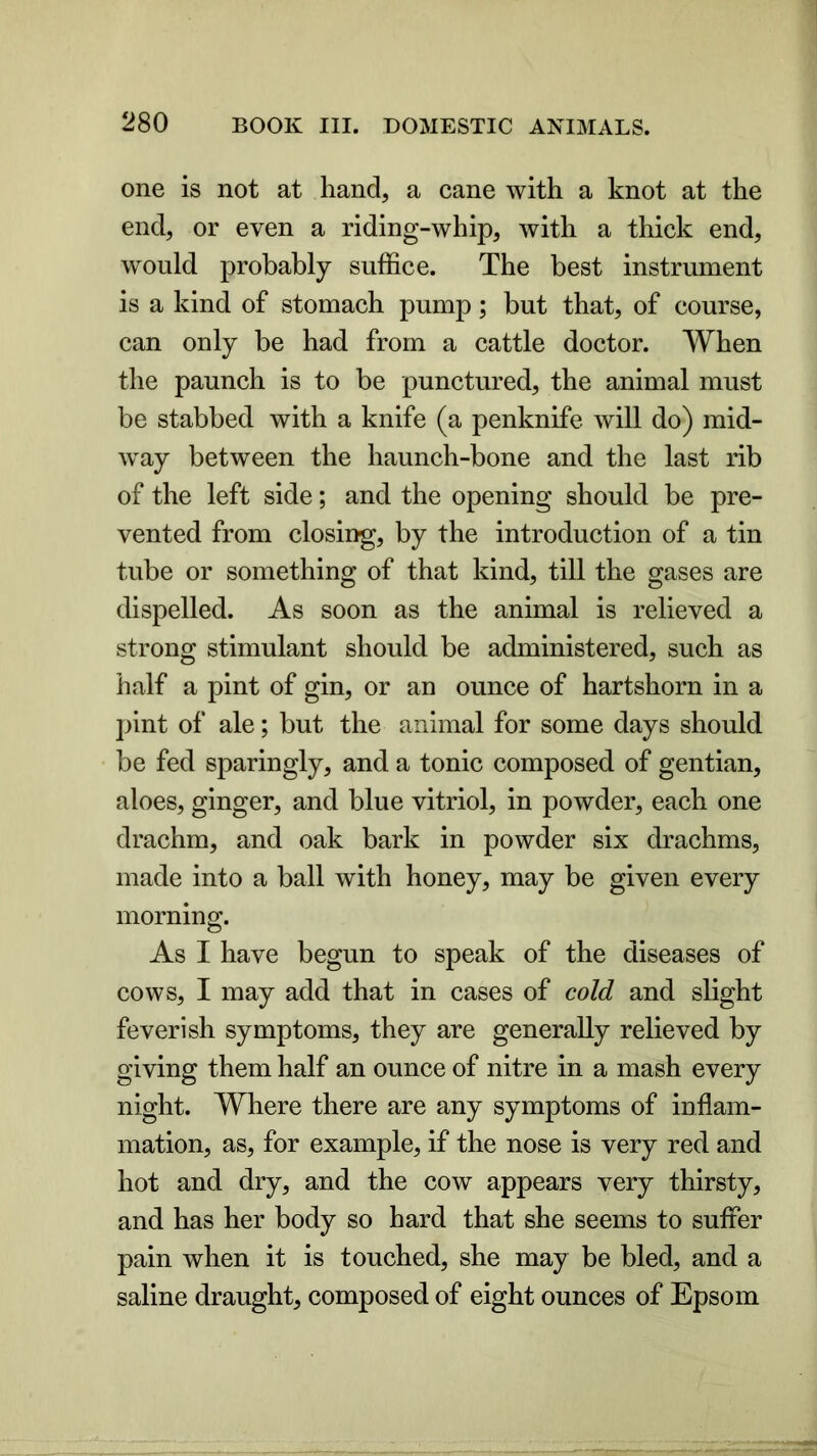 one is not at hand, a cane with a knot at the end, or even a riding-whip, with a thick end, would probably suffice. The best instrument is a kind of stomach pump; but that, of course, can only be had from a cattle doctor. When the paunch is to be punctured, the animal must be stabbed with a knife (a penknife will do) mid- way between the haunch-bone and the last rib of the left side; and the opening should be pre- vented from closing, by the introduction of a tin tube or something of that kind, till the gases are dispelled. As soon as the animal is relieved a strong stimulant should be administered, such as half a pint of gin, or an ounce of hartshorn in a pint of ale; but the animal for some days should be fed sparingly, and a tonic composed of gentian, aloes, ginger, and blue vitriol, in powder, each one drachm, and oak bark in powder six drachms, made into a ball with honey, may be given every morning;. © As I have begun to speak of the diseases of cows, I may add that in cases of cold and slight feverish symptoms, they are generally relieved by giving them half an ounce of nitre in a mash every night. Where there are any symptoms of inflam- mation, as, for example, if the nose is very red and hot and dry, and the cow appears very thirsty, and has her body so hard that she seems to suffer pain when it is touched, she may be bled, and a saline draught, composed of eight ounces of Epsom