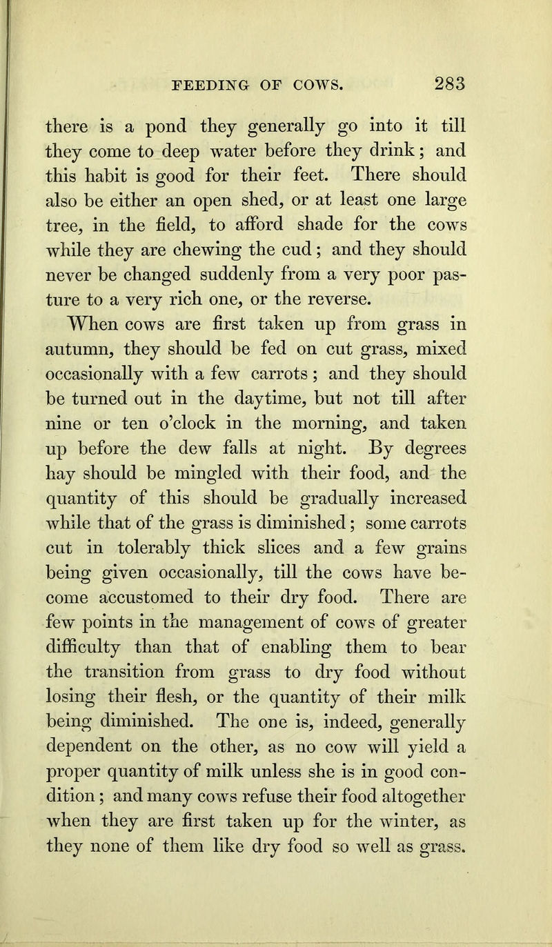 there is a pond they generally go into it till they come to deep water before they drink; and this habit is good for their feet. There should also be either an open shed, or at least one large tree, in the field, to afiord shade for the cows while they are chewing the cud; and they should never be changed suddenly from a very poor pas- ture to a very rich one, or the reverse. When cows are first taken up from grass in autumn, they should be fed on cut grass, mixed occasionally with a few carrots ; and they should be turned out in the daytime, but not till after nine or ten o’clock in the morning, and taken up before the dew falls at night. By degrees hay should be mingled with their food, and the quantity of this should be gradually increased while that of the grass is diminished; some carrots cut in tolerably thick slices and a few grains being given occasionally, till the cows have be- come accustomed to their dry food. There are few' points in the management of cows of greater difficulty than that of enabling them to bear the transition from grass to dry food without losing their flesh, or the quantity of their milk being diminished. The one is, indeed, generally dependent on the other, as no cow will yield a proper quantity of milk unless she is in good con- dition ; and many cows refuse their food altogether when they are first taken up for the winter, as they none of them like dry food so well as grass.