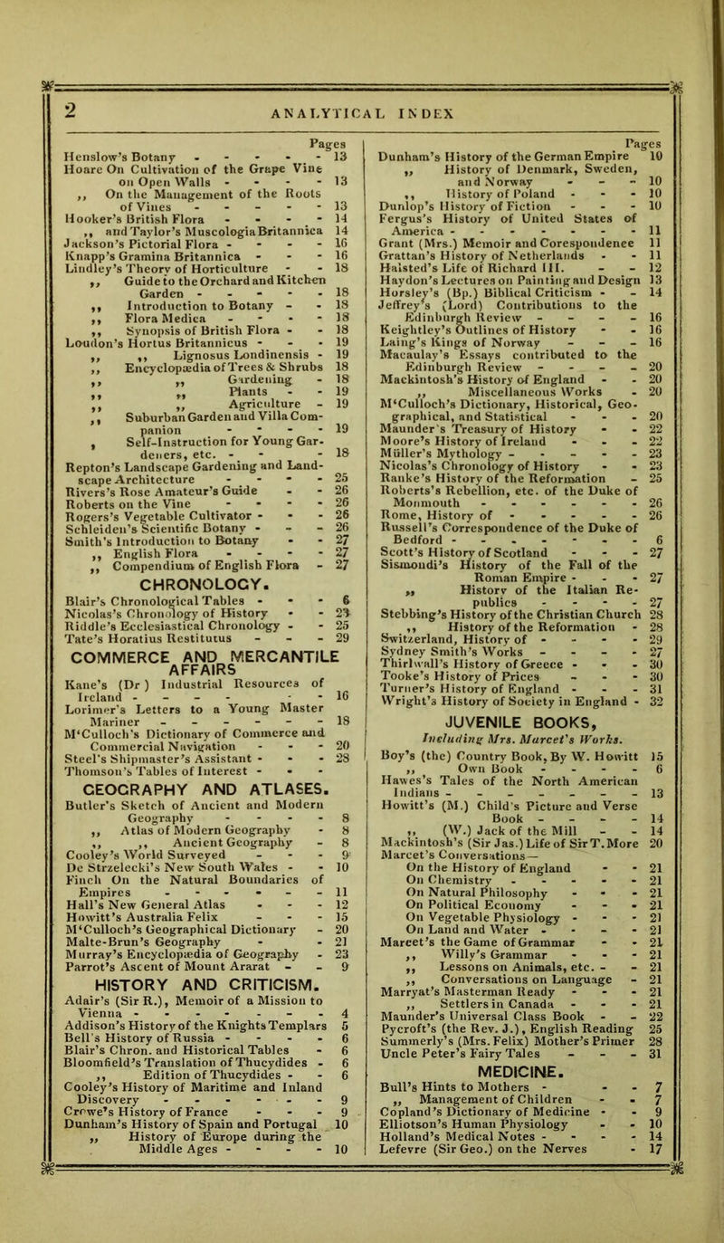 Pages Hcnslow’s Botany - - - • . - 13 Hoarc On Cultivation of the Grape Vine on Open Walls • * - - 13 ,, On the Management of the Roots of Vines ----- 13 Hooker’s British Flora - - - - 14 ,, and Taylor’s MuscologiaBritannica 14 Jackson’s Pictorial Flora - - - - 16 Knapp’s Gramina Britannica - - - 16 Lindley’s Theory of Horticulture - - 18 ,, Guide to the Orchard and Kitchen Garden ----- 18 ,, Introduction to Botany - - 18 ,, Flora Medica - - - - 18 ,, Synopsis of British Flora - - 18 Loudon's Hortus Britannicus - - - 19 ,, ,, Lignosus Londinensis - 19 ,, Encyclopaedia of Trees & Shrubs 18 ,, „ Gardening - 18 ,, „ Plants - - 19 ,, ,, Agriculture - 19 ,, Suburban Garden and Villa Com- panion - * * - 19 , Self-Instruction for Young Gar- deners, etc. -_ - 18 Repton’s Landscape Gardening and Land- scape Architecture - - * - 25 Rivers’s Rose Amateur’s Guide - - 26 Roberts on the Vine - - * - 26 Rogers’s Vegetable Cultivator - - - 26 Schleideu’s Scientific Botany - - - 26 Smith's Introduction to Botany - - 27 ,, English Flora - - * -27 ,, Compendium of English Flora - 27 CHRONOLOGY. Blair’s Chronological Tables - - - 6 Nicolas’s Chroniuogy of History - - 23 Riddle’s Ecclesiastical Chronology - - 25 Tate’s Horatius Restitutus - - - 29 COMMERCE AND MERCANTILE AFFAIRS Kane’s (Dr ) Industrial Resources of Ireland - - - 16 Lorimer’a Letters to a Young Master Mariner ------ 18 M‘Culloch's Dictionary of Commerce and Commercial Navigation - - - 20 Steel's Shipmaster’s Assistant - - - 28 Thomson’s Tables of Interest - - - CEOCRAPHY AND ATLASES. Butler’s Sketch of Ancient and Modern Geography - - - - 8 ,, Atlas of Modern Geography - 8 ,, ,, Ancient Geography - 8 Cooley’s World Surveyed - - - b' De Strzelecki’s New South Wales - - 10 Finch On the Natural Boundaries of Empires - - - - 11 Hall’s New General Atlas - - - 12 Howitt’s Australia Felix - - - 15 M‘Culloch’s Geographical Dictionary - 20 Malte-Brun’s Geography - - 21 Murray’s Encyclopedia of Geography - 23 Parrot’s Ascent of Mount Ararat - - & HISTORY AND CRITICISM. Adair’s (Sir R.), Memoir of a Mission to Vienna --- - .-.4 Addison’s History of the Knights Templars 5 Bell’s History of Russia - - - - 6 Blair’s Chron. and Historical Tables - 6 Bloomfield’s Translation of Thucydides - 6 ,, Edition of Thucydides - - 6 Cooley’s History of Maritime and Inland Discovery - - - - - - 9 Crowe’s History of France - - - 9 Dunham’s History of Spain and Portugal 10 ,, History of Europe during the Middle Ages - - - - 10 gg — ■■ ■ Pages Dunham’s History of the German Empire 10 ,, History of Denmark, Sweden, and Norway - - - 10 ,, History of Poland - * - 10 Dunlop’s History of Fiction - - - 10 Fergus’s History of United States of America -------11 Grant (Mrs.) Memoir and Corespondenee 11 Grattan’s History of Netherlands - - 11 Haisted’s Life of Richard III. - - 12 Haydon’s Lectures on Painting aud Design 13 Horsley’s (Bp.) Biblical Criticism - - 14 Jeffrey^ (Lord) Contributions to the Edinburgh Review - - - - 16 Keightley’s Outlines of History - - 16 Laing’s Kings of Norway - - - 16 Macaulay’s Essays contributed to the Edinburgh Review - - - - 20 Mackintosh’s History of England - - 20 ,, Miscellaneous Works - 20 M‘Culloch’s Dictionary, Historical, Geo- graphical, and Statistical - - - 20 Maunder‘s Treasury of History - - 22 Moore’s History of Ireland - - - 22 Muller’s Mythology - - - - - 23 Nicolas’s Chronology of History - - 23 Ranke’s History of the Reformation - 25 Roberts’s Rebellion, etc. of the Duke of Monmouth ------ 26 Rome, History of - - - - 26 Russell’s Correspondence of the Duke of Bedford --.--.-6 Scott’s Histoiw of Scotland - - - 27 Sismondi’s History of the Fall of the Roman Empire - - - 27 M History of the Italian Re- publics - - - - 27 Stebbing’s History of the Christian Church 28 ,, History of the Reformation - 28 Switzerland, History of - - - - 29 Sydney Smith’s Works - - - - 27 Thirlwall’s History of Greece - - - 30 Tooke’s History of Prices - - - 30 Turner’s History of England - - - 31 Wriglit’3 History of Society in England - 32 JUVENILE BOOKS, fticlui/inif Mrs. Marcet's Works. Boy’s (the) Country Book, By W. Hoivitt ,, Own Book - - - - Hawes’s Tales of the North American Indians ------- Howitt’s (M.) Child's Picture aud Verse Book - ,, (W.) Jack of the Mill - Mackintosh’s (Sir Jas.) Life of SirT.More Marcet’s Conversations — On the History of England On Chemistry - - - On Natural Philosophy - - On Political Economy - On Vegetable Physiology - - - On Land and Water - Marcet’s the Game of Grammar ,, Willy’s Grammar - - - ,, Lessons on Animals, etc. - ,, Conversations on Language Marryat’s Masterman Ready - - - ,, Settlers in Canada - - - Maunder’s Universal Class Book Pycroft’s (the Rev. J.), English Reading Summerly’s (Mrs. Felix) Mother’s Primer Uncle Peter’s Fairy Tales MEDICINE. Bull’s Hints to Mothers - - „ Management of Children Copland’s Dictionary of Medicine • Elliotson’s Human Physiology Holland’s Medical Notes - Lefevre (Sir Geo.) on the Nerves 15 6 13 14 14 20 21 21 21 21 21 21 21 21 21 21 21 21 22 25 28 31 7 7 9 10 14 17