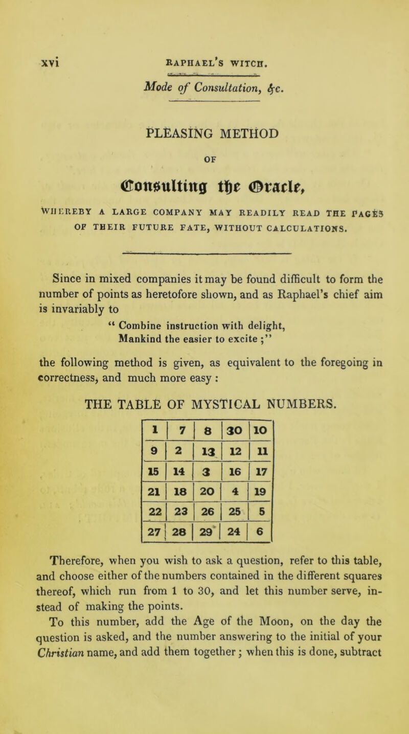 Mode of Consultation, S^c. PLEASING METHOD OF <Hton0uUing tf)e (Oracle, WHEREBY A LARGE COMPANY MAY READILY READ THE PACtS OF THEIR FUTURE FATE, WITHOUT CALCULATIONS. Since in mixed companies it may be found difficult to form the number of points as heretofore shown, and as Raphael’s chief aim is invariably to “ Combine instruction with delight, Mankind the easier to excite the following method is given, as equivalent to the foregoing in correctness, and much more easy : THE TABLE OF MYSTICAL NUMBERS. 1 7 8 30 10 9 2 13 12 11 15 14 3 16 17 21 18 20 4 19 22 23 26 25 5 27 28 29* 24 6 Therefore, when you wish to ask a question, refer to this table, and choose either of the numbers contained in the different squares thereof, which run from 1 to 30, and let this number serve, in- stead of making the points. To this number, add the Age of the Moon, on the day the question is asked, and the number answering to the initial of your Christian name, and add them together; when this is done, subtract