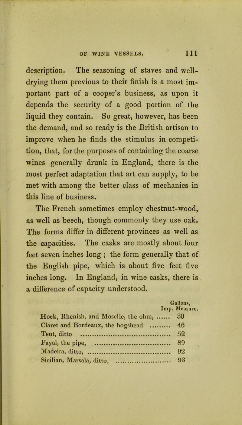 description. The seasoning of staves and well- drying them previous to their finish is a most im- portant part of a cooper’s business, as upon it depends the security of a good portion of the liquid they contain. So great, however, has been the demand, and so ready is the British artisan to improve when he finds the stimulus in competi- tion, that, for the purposes of containing the coarse wines generally drunk in England, there is the most perfect adaptation that art can supply, to be met with among the better class of mechanics in this line of business. The French sometimes employ chestnut-wood, as well as beech, though commonly they use oak. The forms differ in different provinces as well as the capacities. The casks are mostly about four feet seven inches long ; the form generally that of the English pipe, which is about five feet five inches long. In England, in wine casks, there is a difference of capacity understood. Gallons, Imp. Measure. Hock, Rhenish, and Moselle, the ohm, 30 Claret and Bordeaux, the hogshead 46 Tent, ditto 52 Fayal, the pipe, 89 Madeira, ditto, 92 Sicilian, Marsala, ditto, 93