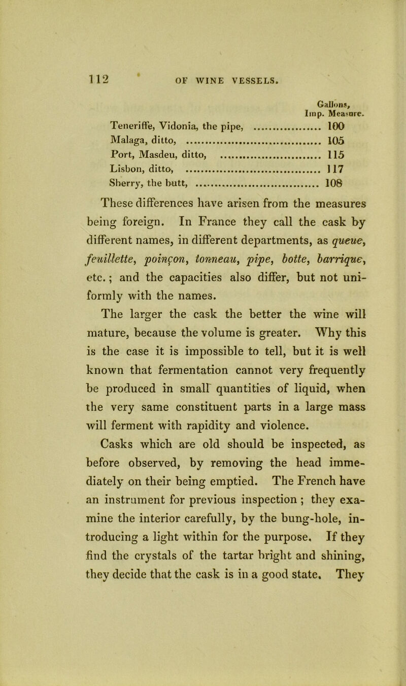 Gallons. Imp. Measore. Teneriffe, Vidonia, the pipe, 100 Malaga, ditto, 105 Port, Masdeu, ditto, 115 Lisbon, ditto, 117 Sherry, the hutt, 108 These differences have arisen from the measures being foreign. In France they call the cask by different names, in different departments, as queue^ feuillette^ poingon^ tonneau^ pipe, botte, harrique, etc.; and the capacities also differ, but not uni- formly with the names. The larger the cask the better the wine will mature, because the volume is greater. Why this is the case it is impossible to tell, but it is well known that fermentation cannot very frequently be produced in small' quantities of liquid, when the very same constituent parts in a large mass will ferment with rapidity and violence. Casks which are old should be inspected, as before observed, by removing the head imme- diately on their being emptied. The French have an instrument for previous inspection ; they exa- mine the interior carefully, by the bung-hole, in- troducing a light within for the purpose. If they find the crystals of the tartar bright and shining, they decide that the cask is in a good state. They