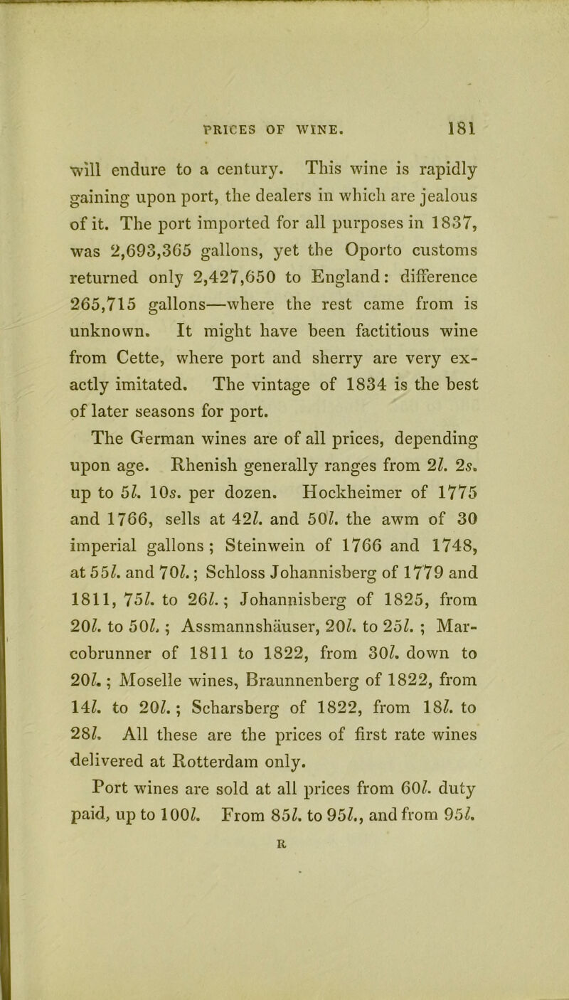 will endure to a century. This wine is rapidly gaining upon port, the dealers in which are jealous of it. The port imported for all purposes in 1837, was 2,693,305 gallons, yet the Oporto customs returned only 2,427,650 to England: dilference 265,715 gallons—where the rest came from is unknown. It might have been factitious wine from Cette, where port and sherry are very ex- actly imitated. The vintage of 1834 is the best of later seasons for port. The German wines are of all prices, depending upon age. Rhenish generally ranges from 21. 2s. up to bl. 105. per dozen. Hockheimer of 1775 and 1766, sells at 42Z. and 50/. the awm of 30 imperial gallons ; Steinwein of 1766 and 1748, at 55/. and 70/.; Schloss Johannisberg of 1779 and 1811, 75/. to 26/.; Johannisberg of 1825, from 20/. to 50/.; Assmannshauser, 20/. to 25/. ; Mar- cobrunner of 1811 to 1822, from 30/. down to 20/,; Moselle wines, Braunnenberg of 1822, from 14/. to 20/.; Scharsberg of 1822, from 18/. to 28/. All these are the prices of first rate wines delivered at Rotterdam only. Port wines are sold at all prices from 60/. duty paid, up to 100/. From 85/. to 95/., and from 95/. R