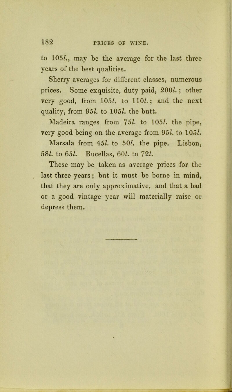 to 105/., may be the average for the last three years of the best qualities. Sherry averages for different classes, numerous prices. Some exquisite, duty paid, 200/. ; other very good, from 105/. to 110/.; and the next quality, from 95/. to 105/. the butt. Madeira ranges from 75/. to 105/. the pipe, very good being on the average from 95/. to 105/. Marsala from 45/. to 50/. the pipe. Lisbon, 58/. to 65/. Bucellas, 60/. to 72/. These may be taken as average prices for the last three years; but it must be borne in mind, that they are only approximative, and that a bad or a good vintage year will materially raise or depress them.