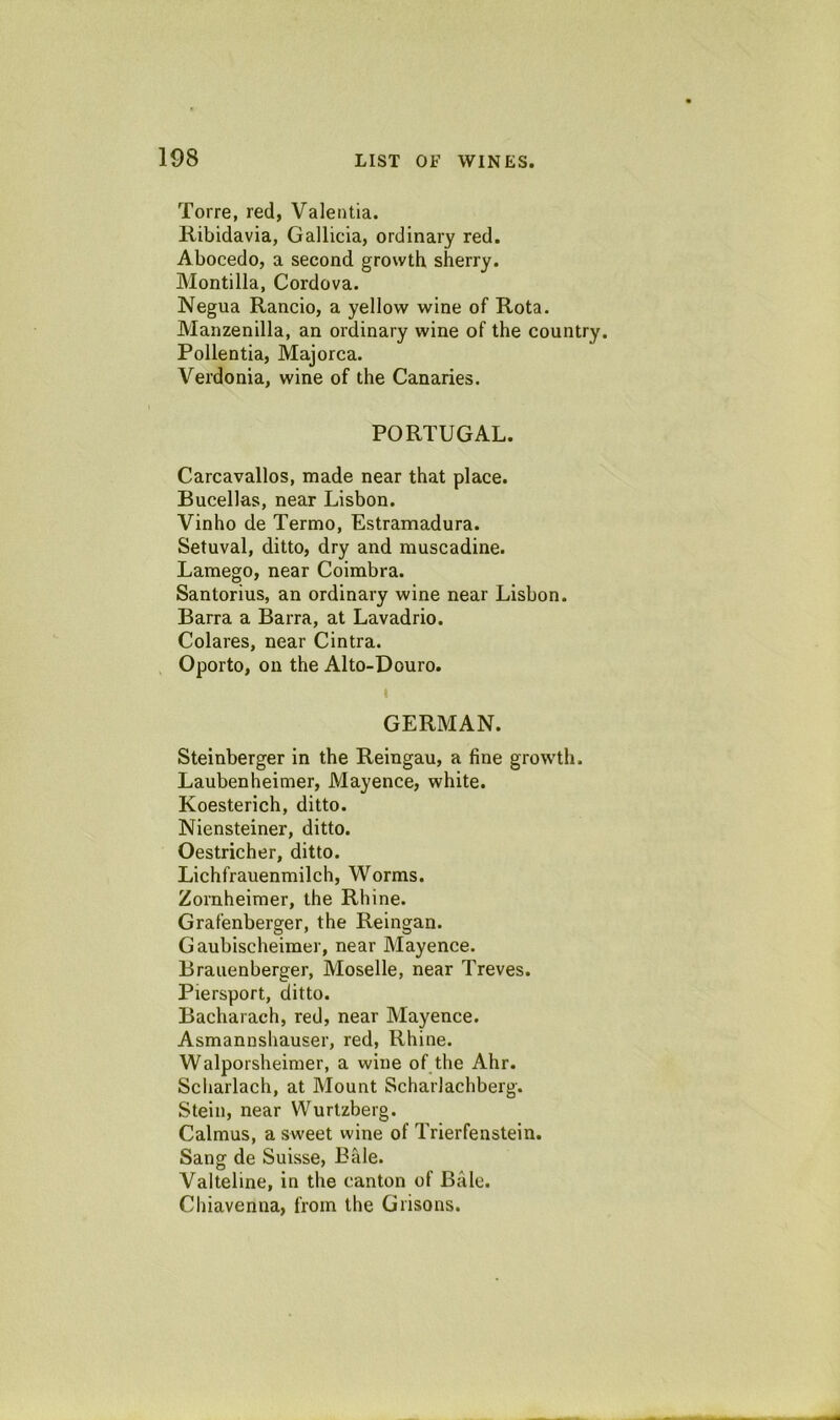 Torre, red, Valeiitia. liibidavia, Gallicia, ordinary red. Abocedo, a second growth sherry. Montilla, Cordova. Negua Rancio, a yellow wine of Rota. Manzenilla, an ordinary wine of the country. Pollentia, Majorca. Verdonia, wine of the Canaries. PORTUGAL. Carcavallos, made near that place. Bucellas, near Lisbon. Vinho de Termo, Estramadura. Setuval, ditto, dry and muscadine. Lamego, near Coimbra. Santorius, an ordinary wine near Lisbon. Barra a Barra, at Lavadrio. Colares, near Cintra. Oporto, on the Alto-Douro. I GERMAN. Steinberger in the Reingau, a fine growth. Laubenheimer, Mayence, white. Koesterich, ditto. Niensteiner, ditto. Oestricher, ditto. Lichfrauenmilch, Worms. Zornheimer, the Rhine. Grafenberger, the Reingan. Gaubischeimer, near Mayence. Brauenberger, Moselle, near Treves. Piersport, ditto. Bacharach, red, near Mayence. Asmannshauser, red, Rhine. Walporsheimer, a wine of the Ahr. Scliarlach, at Mount Scharlachberg. Stein, near Wurtzberg. Calmus, a sweet wine of Trierfenstein. Sang de Suisse, Bale. Valteline, in the canton of Bale. Cbiavenna, from the Grisons.