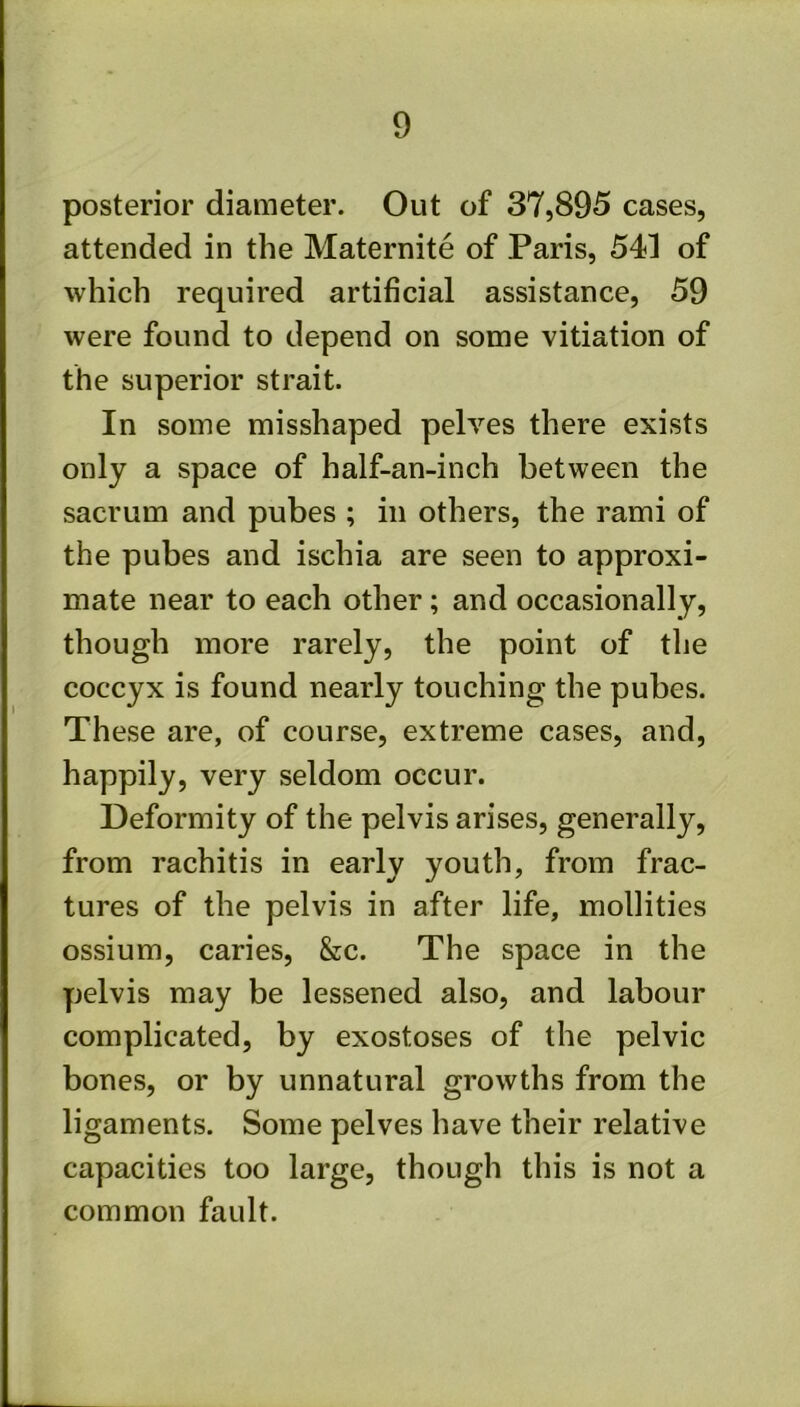 posterior diameter. Out of 37,895 cases, attended in the Maternite of Paris, 541 of which required artificial assistance, 59 were found to depend on some vitiation of the superior strait. In some misshaped pelves there exists only a space of half-an-inch between the sacrum and pubes ; in others, the rami of the pubes and ischia are seen to approxi- mate near to each other; and occasionally, though more rarely, the point of the coccyx is found nearly touching the pubes. These are, of course, extreme cases, and, happily, very seldom occur. Deformity of the pelvis arises, generally, from rachitis in early youth, from frac- tures of the pelvis in after life, mollities ossium, caries, &c. The space in the pelvis may be lessened also, and labour complicated, by exostoses of the pelvic bones, or by unnatural growths from the ligaments. Some pelves have their relative capacities too large, though this is not a common fault.