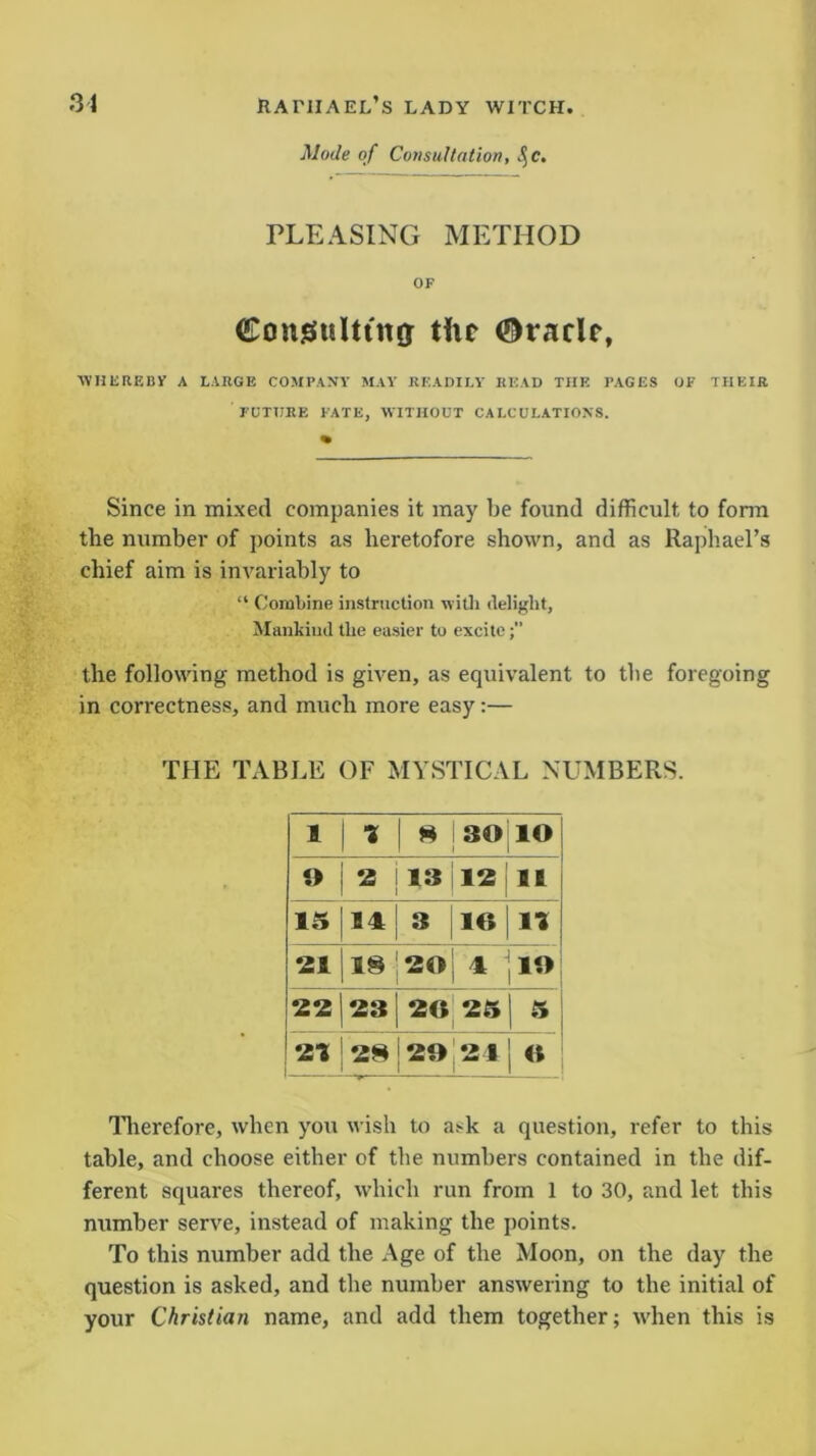 Mode of Consultation, .?C. PLEASING METHOD OF Consulting the Oracle, WHEREBY A LARGE COMPANY MAY READILY BEAD THE PAGES OF THEIR FUTURE FATE, WITHOUT CALCULATIONS. Since in mixed companies it may be found difficult to form the number of points as heretofore shown, and as Raphael’s chief aim is invariably to “ Combine instruction with delight, Mankind the easier to excite the following method is given, as equivalent to the foregoing in correctness, and much more easy:— THE TABLE OF MYSTICAL NUMBERS. 1 1 8 30 IO 1) 2 13 12 91 13 14 3 io 11 21 18 20 1 IO 22 23 20 25 5 21 28 20 21 « Therefore, when you wish to ask a question, refer to this table, and choose either of the numbers contained in the dif- ferent squares thereof, which run from 1 to 30, and let this number serve, instead of making the points. To this number add the Age of the Moon, on the day the question is asked, and the number answering to the initial of your Christian name, and add them together; when this is