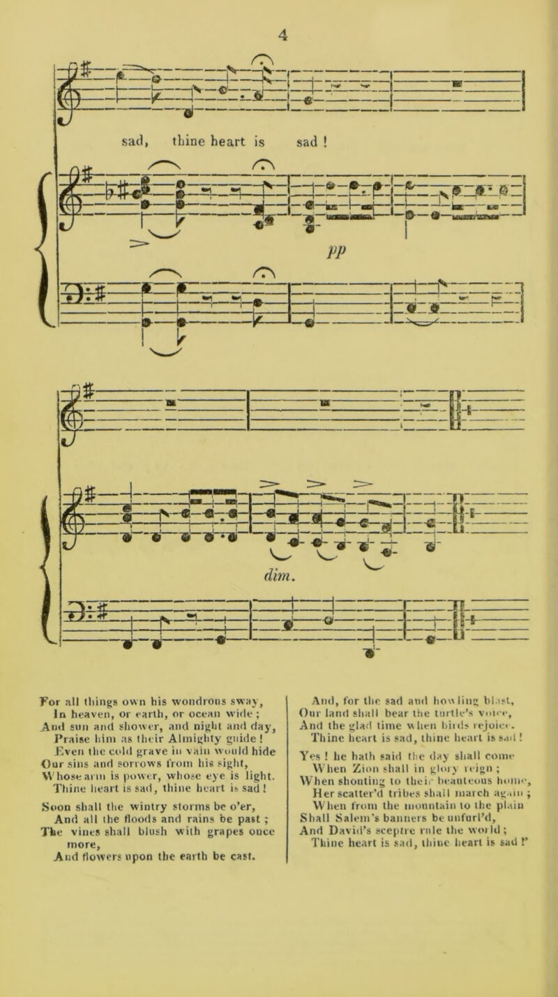 For all tilings own his wondrous sway. In heaven, or earth, or ocean wide; An<l sun and shower, and night and day, Praise hint as their Almighty guide! Even the cold grave in vain would hide Our sins and sorrows from his sight, Whose arm is power, whose eye is light. Thine heart is sad, thine heart is sad ! Soon shall the wintry storms be o’er, And all the floods and rains be past ; The vines shall blush with grapes ouce more. And flowers upon the earth be cast. And, for the sad and howling blast. Our land shall bear the turtle’s voice. And the glad time when birds rejoice. Thine heart is sad, thine heart is sail! Yes ! he hath said the day shall come When Zion shall in glory reign ; When shouting to their beauteous home. Her scatter’d tribes shall march again ; When from the mountain to the plain Shall Salem’s banners be unfurl’d. And David’s sceptre rule the world; Thine heart is sad, thine heart is sad P