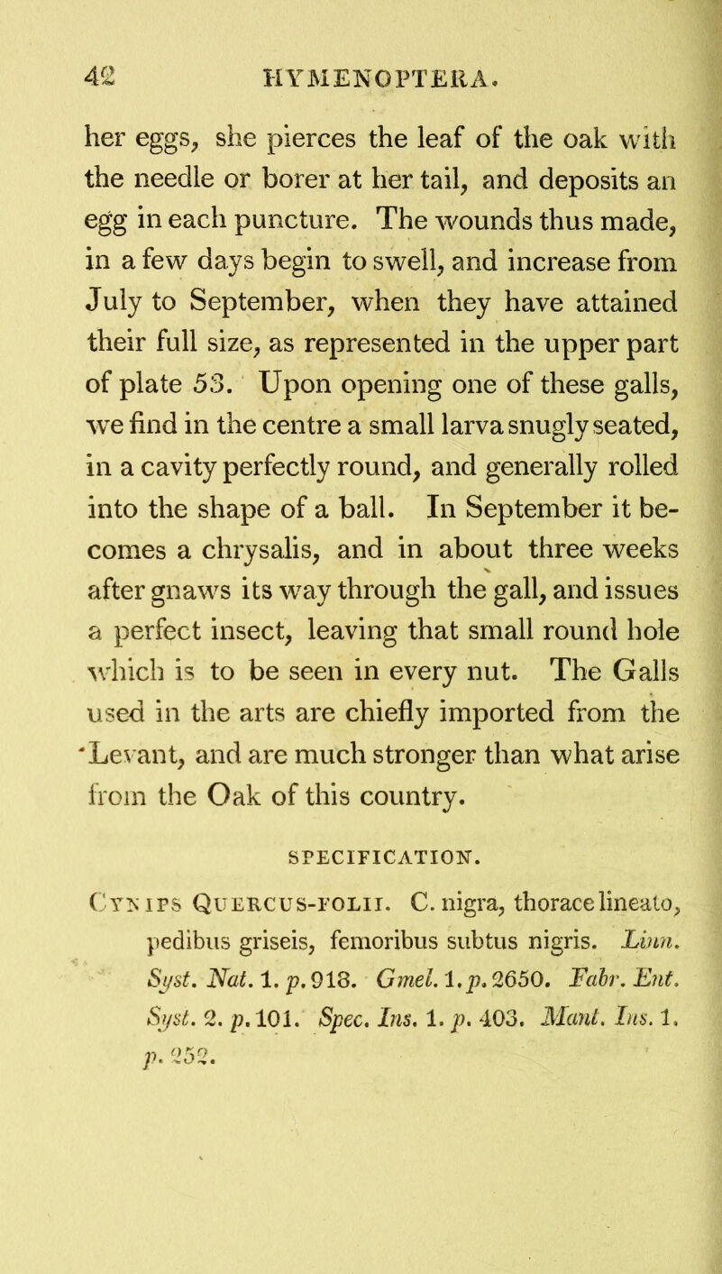 her eggs^ she pierces the leaf of the oak witli the needle or borer at her tail, and deposits an egg in each puncture. The wounds thus made, in a few days begin to swell, and increase from July to September, when they have attained their full size, as represented in the upper part of plate 53. Upon opening one of these galls, we find in the centre a small larva snugly seated, in a cavity perfectly round, and generally rolled into the shape of a ball. In September it be- comes a chrysalis, and in about three weeks after gnaws its w^ay through the gall, and issues a perfect insect, leaving that small round hole which is to be seen in every nut. The Galls used in the arts are chiefly imported from the Levant, and are much stronger than what arise Iroin the Oak of this country. SPECIFICATIOlSr. Cy>s IPS QuERCUS-roLii. C. nigra, thoracelineato, pedibus griseis, femoribus subtus nigris. Lbm. Sj/st. Nat. 1. p. 918. Gmel. l.p. 2650. Fahr. Ent. Sjjst. 2.2?. 101. Spec. Ins. 1. p, 403. Mant, Lis. 1, p. 252.