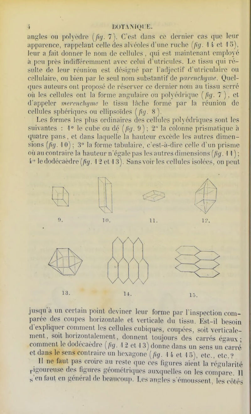 \ DOTA MOI E. angles ou polyèdre [fig. 7). C'est dans ce dernier cas que leur apparence, rappelaut celle des alvéoles d'une ruche (//g. 1 4 et 13), leur a fait donner le nom de cellules, qui est maintenant employé à peu près indifféremment avec celui d'utricules. Le tissu qui ré- sulte de leur réunion est désigné par l'adjectif d’ulriculaire ou cellulaire, ou bien par le seul nom substantif de parenchyme. Quel- ques auteurs ont proposé de réserver ce dernier nom au tissu serré où les cellules ont la forme angulaire ou polyédrique (fi y. 7 ), et d’appeler merenchyme le tissu lâche formé par la réunion de cellules sphériques ou ellipsoïdes ( fig. 8 ). Les formes les plus ordinaires des cellules polyédriques sont les suivantes : 1° le cube ou dé (fig. 9); 2° la colonne prismatique à quatre pans, et dans laquelle la hauteur excède les autres dimen- sions [fig. 10) ; 3° la forme tabulaire, c’est-à-dire celle d'un prisme où au contraire la hauteur n’égale pas les autres dimensions [fig. Il); 4 le dodécaèdre [fig. 12 et I 3). Sans voir les cellules isolées, on peut o. 13. 11. /y\A AA À À WvV 14. jusqu a un certain point deviner leur forme par l'inspection com- parée des coupes horizontale et verticale du tissu. Est-il besoin d expliquer comment les cellules cubiques, coupées, soit verticale- ment, soit horizontalement, donnent toujours des carrés égaux- comment le dodécaèdre [fig. \ 2 et \ 3) donne dans un sens uncarré et dans le sens contraire un hexagone [fig. I 4 et I 3), etc., etc.? 11 ne faut pas croire au reste (|ue ces figures aient la régularité rigoui eu se des liguies géométriques auxquelles on les compare 11 s’en faut en général de beaucoup. Les angles s'émoussent. les côtés