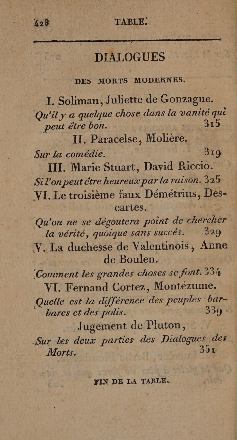 DIALOGUES DES MORTS MODERNES. I. Soliman, Juliette de Gonzague. Qu'il y a quelque chose dans la vanité qui peut étre bon. mr LS II. Paracelse, Molière. Sur la comédie. 319 III. Marie Stuart, David Riccio. AY orepeut étre heureux par la raison. 395% VI. Le troisième faux Démétrius, Des- cartes. Qu'on ne se dégoutera point de chercher la vérité, quoique sans succés. 329 V. La duchesse de Valentinois, Anne de Boulen. ‘Comment les grandes choses se font. 334 VI. Fernand Cortez, Montézume. Quelle est la différence des peuples : bar- bares et des polis. 339 :: Jugement de Pluton, Sur Les Pas parues des Dialogues des Morts. 301 FIN DE LA TABLE.