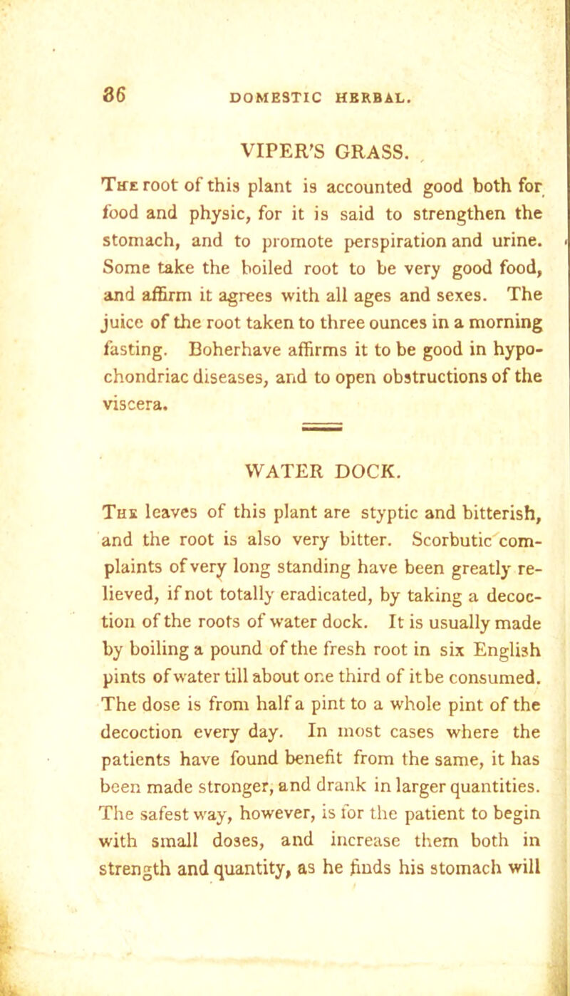 VIPER’S GRASS. The root of this plant is accounted good both for food and physic, for it is said to strengthen the stomach, and to promote perspiration and urine. Some take the boiled root to be very good food, and affirm it agrees with all ages and sexes. The juice of the root taken to three ounces in a morning fasting. Boherhave affirms it to be good in hypo- chondriac diseases, and to open obstructions of the viscera. WATER DOCK. The leaves of this plant are styptic and bitterish, and the root is also very bitter. Scorbutic com- plaints of very long standing have been greatly re- lieved, if not totally eradicated, by taking a decoc- tion of the roots of water dock. It is usually made by boiling a pound of the fresh root in six English pints of water till about one third of it be consumed. The dose is from half a pint to a whole pint of the decoction every day. In most cases where the patients have found benefit from the same, it has been made stronger, and drank in larger quantities. The safest way, however, is for the patient to begin with small doses, and increase them both in strength and quantity, as he finds his stomach will