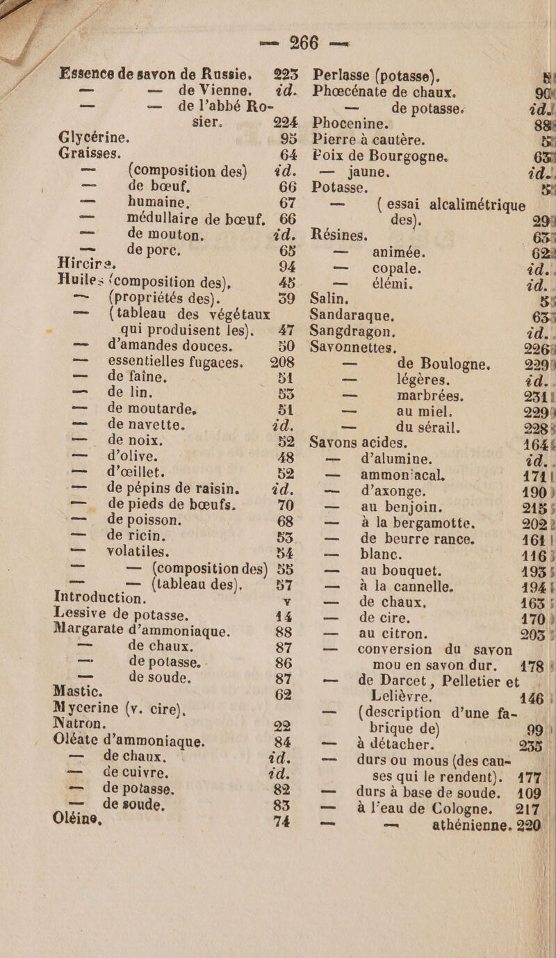 — 223 id. de l’abbé Ro- sier. 224 Glycérine. 95 Graisses. 64 — (composition des) #4. — de bœuf, 66 — humaine, 67 — médullaire de bœuf, 66 — de mouton. id. — deporc. 65 Hircire, 94 Huile: {composition des), 45 — (propriétés des). 39 (tableau des végétaux $ qui produisent les). 47 — d’amandes douces. 50 — essentielles fugaces, 208 — de faine, 51 — de lin. 53 — de moutarde, 51 — de navette. id. — de noix, 52 — d’olive. 48 — d’œillet, 52 — de pépins de raisin. id. —. de pieds de bœufs, 70 — depoisson. 68 — \ de ricin. 53 — volatiles. 54 EE — (composition des) 55 = — (tableau des), 57 Introduction. Y Lessive de potasse. 14 Margarate d’ammoniaque. 88 — de chaux. 87 — de potasse, 86 — de soude. 87 Mastic. 62 M ycerine (v. cire), Natron. 22 Oléate d’ammoniaque. 84 — de chaux. id. — decuivre. id. — de potasse. 82 — de soude, 83 Oléine, 74 Perlasse (potasse). Bi! Phœcénate de chaux. 90x — de potasse. id.l Phocenine. 88 Pierre à cautère. be Foix de Bourgogne. Ga — jaune. id. Potasse. &gt;! — (essai alcalimétrique des). 294 Résines. 632 — animée 622 — copale id... — élémi. id... Salin, 55 Sandaraque, 632 Sangdragon. id... Savonnettes. 2965 — de Boulogne, 2298 — légères. id.. _ marbrées. 2311 — au miel. 2299 — du sérail. 2283 Savons acides. 1644 — d’alumine. id... — ammon'acal, 4741 — d’axonge, 190) — au benjoin. 2155 — à la bergamotte. 202 2 — de beurre rance. 1611! — blanc. 1165 — au bouquet. 1935 — à la cannelle, 194 k — de chaux. 163 ; — decire. 170 ) — au citron. 203 5 — Conversion du savon | mou en savon dur, 4784 — de Darcet, Pelletieret | Lelièvre. 146 — (description d’une fa- | brique de) 99 1 — à détacher. 235 | — durs ou mous (des cau- | ses qui le rendent). 477. — durs à base de soude. 109 | — à l’eau de Cologne. 217. athénienne. 220! =