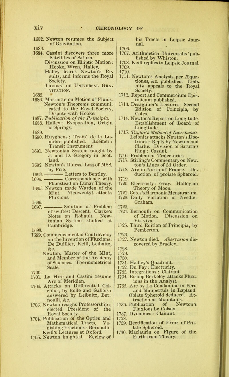 1682. Newton resumes the Subject of Gravitation. 1683. 1684. Cassini discovers three more Satellites of Saturn. Discussion on Elliptic Motion : Hooke, Wren, Halley. Halley learns Newton’s Re- sults, and informs the Royal Society. Theory of Universal Gra- vitation. 1685. 1686. Marriotte on Motion of Fluids. Newton’s Theorems communi- cated to the Royal Society. Dispute with Hooke. 1687. Publication of the Principia. 1688. Halley: Evaporation, Origin of Springs. 1689. 1690. Huyghens : Traits de la Lu- milre published. Roemer: Transit Instrument. 1691. Newtonian System taught by J. and D. Gregory in Scot- land. 1692. Newton’s Illness. Loss of MSS. by Fire. 1693. Letters to Bentley. 1694. Correspondence with Flamstead on Lunar Theory. 1695. Newton made Warden of the Mint. Nieuwentyt attacks Fluxions. 1696. 1697. Solution of Problem of swiftest Descent. Clarke’s Notes on Rohault. New- tonian System studied at Cambridge. 1698. 1699. Commencement of Controversy on the In vention of Fluxions: De Duillier, Keill, Leibnitz, &c. Newton, Master of the Mint, and Member of the Academy of Sciences. Thermometrical Scale. 1700. 1701. La Hire and Cassini resume Arc of Meridian. 1702. Attacks on Differential Cal- culus, by Rolle and Gallois : answered by Leibnitz, Ber- noulli, &c. 1703. Newton resigns Professorship ; elected President of the Royal Society. 1704. Publication of the Optics and Mathematical Tracts. Va- nishing Fractions: Bernoulli. Keill’s Lectures at Oxford. 1705. Newton knighted. Review of his Tracts in Leipsic Jour- nal. 1706. 1707. Arithmetica Universalis pub- lished by Whiston. 1708. Keill replies to Leipsic Journal. 1709. 1710. 1711. Newton’s Analysis per JEqua- tiones, &c. published. Leib- nitz appeals to the Royal Society. 1712. Report and Commercium Epis- tolicum published. 1713. Desagulier’s Lectures. Second Edition of Principia, by Cotes. 1714. Newton’s Report on Longitude. Establishment of Board of Longitude. 1715. Taylor's Method of Increments. Leibnitz attacks Newton’s Doc- trines : Reply by Newton and Clarke. Division of Saturn’s Ring: Cassini. 1716. Problem of Trajectories. 1717. Stirling’s Commentary on New- ton’s Lines of 3d Order. 1718. Arc in North of France. De- duction of prolate Spheroid. 1719. 1720. Electricity : Gray. Halley on Theory of Moon. 1721. Cotes’sHarmoniaMensurarum. 1722. Daily Variation of Needle: Graham. 1723. 1724. Bernoulli on Communication of Motion. Discussion on Vis viva. 1725. Third Edition of Principia, by Pemberton. 1726. 1727. Newton died. Aberration dis- covered by Bradley. 1728. 1729. 1730. 1731. Hadley’s Quadrant. 1732. Du Fay: Electricity. 1733. Integrations : Clairaut. 1734. Bishop Berkeley attacks Flux- ions in the Analyst. 1735. Arc by La Condamine in Peru and Maupertuis in Lapland. Oblate Spheroid deduced. At- traction of Mountains. 1736. Publication of Newton’s Fluxions by Colson. 1737. Dvnamics : Clairaut. 1738. 1739. Rectification of Error of Pro- late Spheroid. 1740. Maclaurin on Figure of the Earth from Theory.