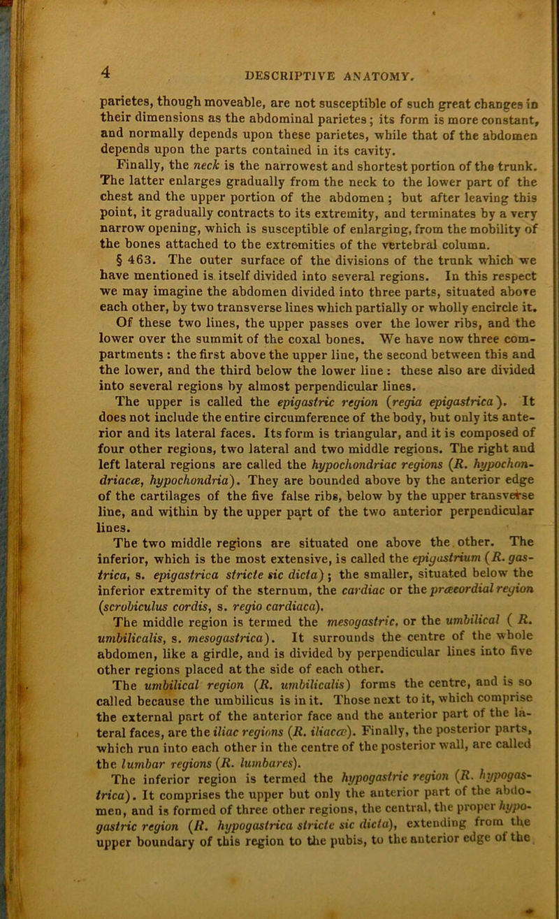 parietes, though moveable, are not susceptible of such great changes in their climensions as the abdominal parietes; its form is more constant, and normally depends upon these parietes, wbile that of the abdomen depends upon the parts contained in its cavity. Finally, the neck is the narrowest and shortest portion of the trunk. The latter enlarges gradually from the neck to the lower part of the ehest and the upper portion of the abdomen ; but after leaving this point, it gradually contracts to its extremity, and terminates by a very narrow opening, which is susceptible of enlarging, from the mobility of the bones attached to the extremities of the vertebral columu. § 463. The outer surface of the divisions of the trunk which we have mentioned is itself divided into several regions. In this respect we may imagine the abdomen divided into three parts, situated abore each other, by two transverse lines which partially or wholly encircle it. Of these two lines, the upper passes over the lower ribs, and the lower over the summit of the coxal bones. We have now three com- partments : the first above the upper line, the second between tbis and the lower, and the third below the lower line: these also are divided into several regions by almost perpendicular lines. The upper is called the epigastric reyion (regia epigastrica). It does not include the entire circumference of the body, but only its ante- rior and its lateral faces. Its form is triangulär, and it is composed of four other regions, two lateral and two middle regions. The right and left lateral regions are called the hypochondriac regions (R. hypochon- driacee, hypochondria). They are bounded above by the anterior edge of the cartilages of the five false ribs, below by the upper transvetse line, and within by the upper part of the two anterior perpendicular lines. The two middle regions are situated one above the other. The inferior, which is the most extensive, is called the epiyastrium (R.gas- trica, s. epigastrica stricte sic dicta); the smaller, situated below the inferior extremity of the sternum, the cardiac or the preeeordial reyion (scrobiculus cor dis, s. regio cardiaca). The middle region is termed the mesoyastric. or the umbilical ( R. umbilicalis, s. mesogastrica). It surrounds the centre of the whole abdomen, like a girdle, and is divided by perpendicular lines into five other regions placed at the side of each other. The umbilical region (R. umbilicalis) forms the centre, and is so called because the umbilicus is in it. Those next to it, which comprise the external part of the anterior face and the anterior part of the la- teral faces, are the iliac regions (R. ilütccc). Finally, the posterior parts, which run into each other in the centre of the posterior wall, are called the lumbar regions (R. lumbares). The inferior region is termed the hypogastric region (R. hypogas- trica). It comprises the upper but only the anterior pnrt of the abdo- men, and is formed of three other regions, the central, the proper hypo~ gastric reyion (R. hypogaslrica stricte sic dicta), extending from tfie upper boundary of this region to the pubis, to theauterior edge of the