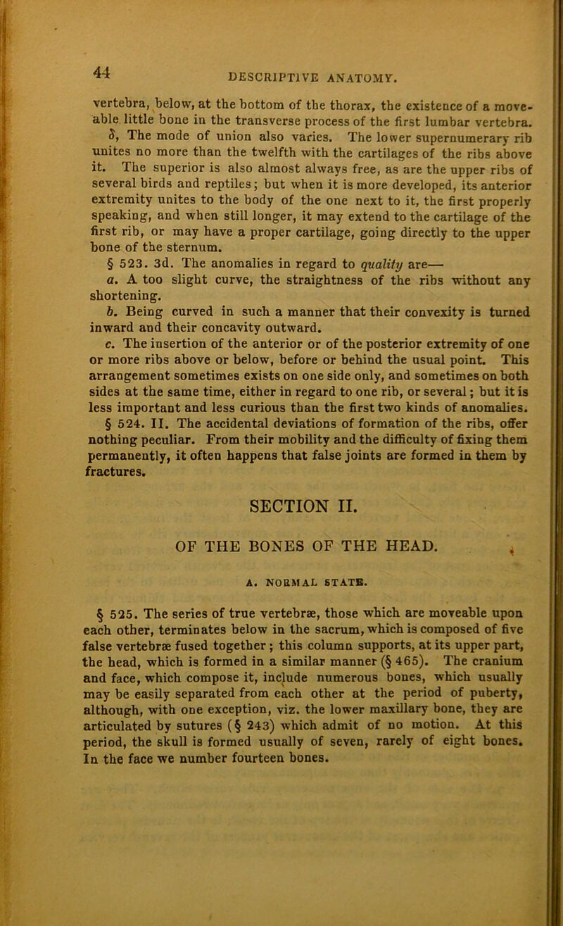 DESCRIPT1VE ANATOMY. vertebra, below, at the bottom of tbe thorax, the existence of a raove- able little bone in the transverse process of the first lumbar vertebra. 5, The mode of Union also varies. The lower supernumerary rib unites no more than the twelfth with the cartilages of the ribs above it. The superior is also almost ahvays free, as are the upper ribs of several birds and reptiles; but when it is more developed, its anterior extremity unites to the body of the one next to it, the first properly speaking, and when still longer, it may extend to the cartilage of the first rib, or may have a proper cartilage, going directly to the upper bone of the sternum. § 523. 3d. The anomalies in regard to quality are— a. A too slight curve, the straightness of the ribs without any shortening. b. Being curved in such a manner that their convexity is turned inward and their concavity outward. c. The insertion of the anterior or of the posterior extremity of one or more ribs above or below, before or behind the usual point. This arrangement sometimes exists on one side only, and sometimes onboth sides at the same time, either in regard to one rib, or several; but it is less important and less curious than the first two kinds of anomalies. § 524. II. The accidental deviations of formation of the ribs, offer nothing peculiar. From their mobility and the difficulty of fixing them permanently, it often happens that false joints are formed in them by fractures. SECTION II. OF THE BONES OF THE HEAD. \ A. NORMAL STATE. § 525. The series of true vertebrae, those which are moveable upon each other, terminates below in the sacrum, which is composed of five false vertebrae fused together; this column supports, at its upper part, the head, which is formed in a similar manner (§ 465). The cranium and face, which compose it, include numerous bones, which usually may be easily separated from each other at the period of puberty, although, with one exception, viz. the lower maxillary bone, they are articulated by sutures (§ 243) which admit of no motion. At this period, the skull is formed usually of seven, rarely of eight bones. In the face we number fourteen bones.