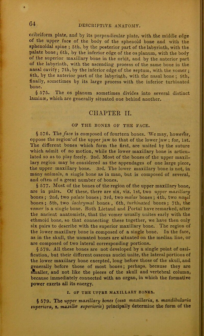 cribriform plate, and by its perpendicular plate, with the middle edge of the upper face of the body of the sphenoid bone and with the sphenoidal spine ; 5th. by the posterior part of thelabyrinth, with the palate bone; 6th, by the inferior edge of the os planum, with the body of the superior maxillary bone in the orbit, and by the anterior part of the labyrinth, with the ascending process of the same bone in the nasal cavity ; 7th, by the inferior edge of the septum, with the vomer ; 8th, by the anterior part of the labyrinth, with the nasal bone ; 9th, finally, sometimes by its large process with the inferior turbinated bone. § 576. The os planum sometimes divides into several distinct laminse, which are generally situated one behind another. CHAPTER IL OP THE BONES OF THE FACE. § 576. The face is coraposed of fourteen bones. Wemay, however, oppose the region'of the upper jaw to that of the lower jaw ; for, Ist. The different bones which form the first, are united by the suture which admit of no motion, while the lower maxillary bone is articu- lated so as to play freely. 2nd. Most of the bones of the upper maxil- lary region may be considered as the appendages of one large piece, the upper maxillary bone. 3rd. The lower maxillary bone is not, in many animals, a single bone as in man, but is composed of several, and often of a great number of bones. § 577. Most of the bones of the region of the upper maxillary bone, are in pairs. Of these, there are six, viz. Ist, two upper maxillary bones ; 2nd, two palate bones ; 3rd, two malar bones ; 4th, two na%il bones; 5th, two lachrymal bones, 6th, turbinated, bones; 7th, the vomer is a single bone. Both Lietaud and Portal have remarked, after the ancient anatomists, that the vomer usually unites early with the ethmoid bone, so that connecting these together, we have then only six pairs to describe with the superior maxillary bone. The region of the lower maxillary bone is composed of a single bone. In the face, as in the skull, the unmated bones are situated on the median line, or are composed of two lateral correspondiog portions. § 578. All these bones are not developed by a single point of ossi- fication, but their different osseous nuclei unite, the lateral portions of the lower maxillary bone excepted, long before those of the skull, and generally before those of most bones; perhaps, because they are smaller, and not like the pieces of the skull and vertebral column, because immediately connected with an organ, in which the formative power exerts all its energy. I. OF THE UPPER MAXILLARY BONES. § 579. The upper maxillary bones (ossa ma,villaria, s. mandibularia superiora, s. maxilUe tuperioris) principally determiue the form of the