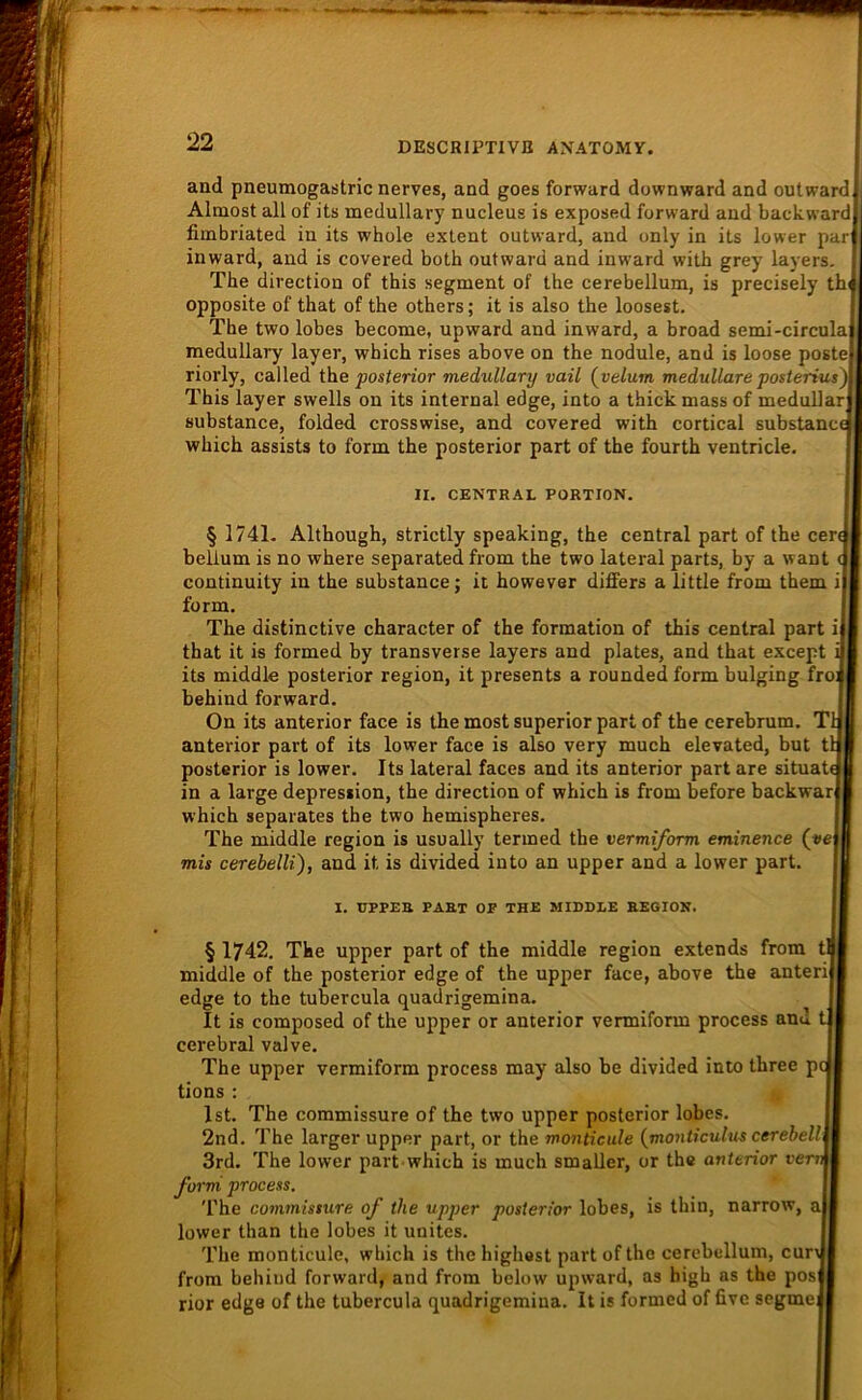 and pneumogastric nerves, and goes forward downward and outward Almost all of its medullary nucleus is exposed forward and baekward fimbriated in its whole extent outward, and only in its lower par inward, and is covered both outward and inward with grey layers, The direction of this segment of the cerebellum, is precisely thi opposite of that of the others; it is also the loosest. The two lobes become, upward and inward, a broad semi-circula medullary layer, wbich rises above on the nodule, and is loose poste riorly, called ihe posterior medullary vail {yelum medulläre posterius) This layer swells on its internal edge, into a thickmassof medullär substance, folded crosswise, and covered with cortical substance which assists to form the posterior part of the fourth ventricle. § 1741- Although, strictly speaking, the central part of the ce bellum is no where separated from the two lateral parts, by a want continuity in the substance; it however differs a little from them form. that it is formed by transverse layers and plates, and that except its middle posterior region, it presents a rounded form bulging frc behind forward. On its anterior face is the most superior part of the cerebrum. T anterior part of its lower face is also very much elevated, but t posterior is lower. Its lateral faces and its anterior part are situat which separates the two hemispheres. The middle region is usually termed the vermiform eminence (ve mis cerebelli), and it is divided into an upper and a lower part. § 1742. The upper part of the middle region extends from t middle of the posterior edge of the upper face, above the anteri edge to the tubercula quadrigemina. It is composed of the upper or anterior vermiform process and t cerebral valve. The upper vermiform process may also be divided into three pc tions : Ist. The commissure of the two upper posterior lobes. 2nd. The larger upper part, or the monticule (monticulus cerehell 3rd. The lower part which is much smaller, or the anterior vem form process. 'l'he commissure of the upper posterior lobes, is thin, narrow, a lower than the lobes it uuites. The monticule, which is the highest part of the cerebellum, cun from behind forward, and from below upward, as high as the pos rior edge of the tubercula quadrigemina. It is formed of five segme in a large depresiion, the direction of which is from before backwai The distinctive character of the formation of this central part II. CENTRAL PORTION. I. UPPER PART OP THE MIDDLE REGION.