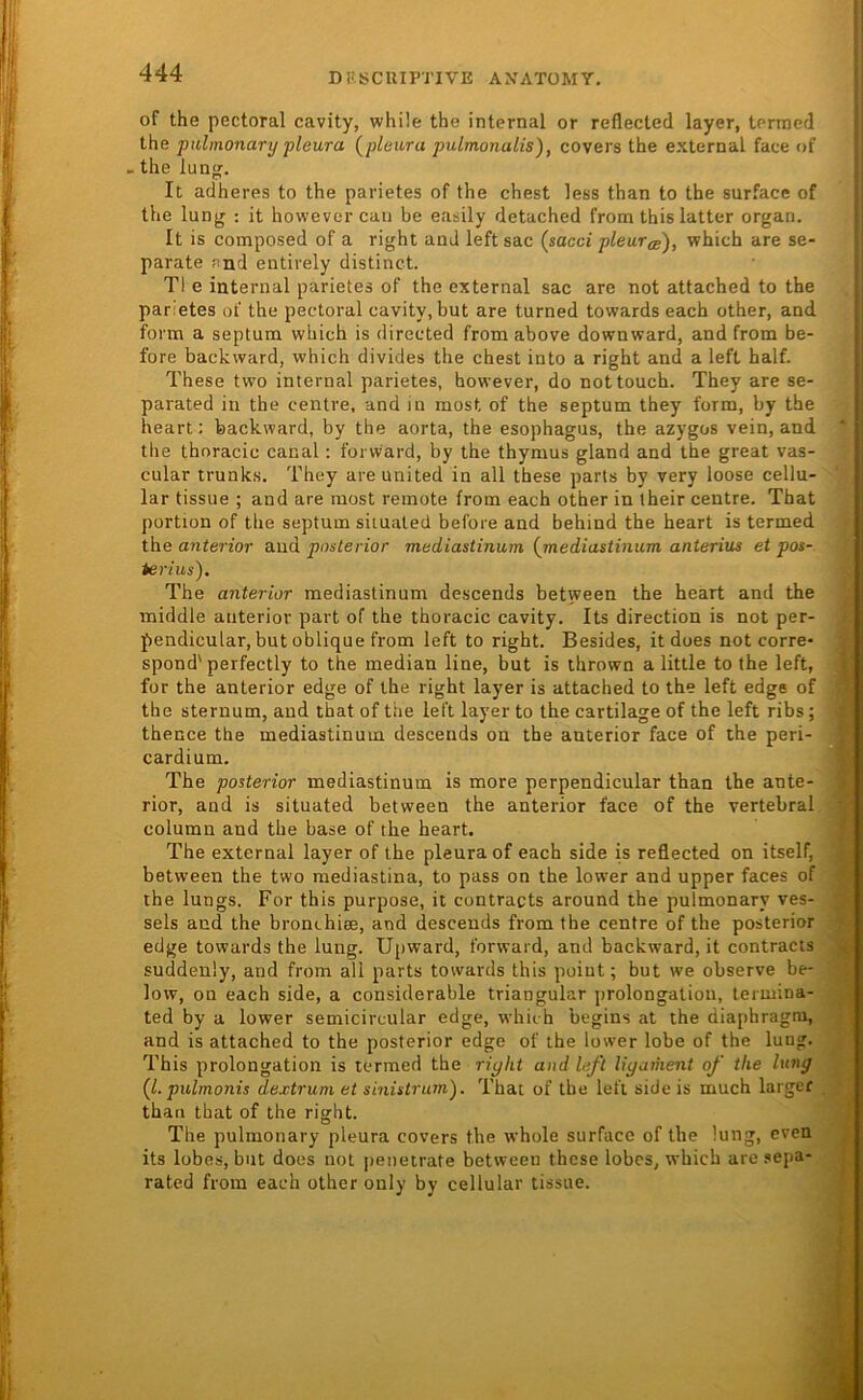of the pectoral cavity, whüe the internal or reflected layer, termed the pulmonary pleura (^pleura pulmonalis), covers the external face of - the lang. It adheres to the parietes of the ehest less than to the surface of the lang : it however cau be easily detached from this latter organ. It is composed of a right and left sac (sacci pleura), which are se- parate and entirely distinct. TI e internal parietes of the external sac are not attached to the parietes of the pectoral cavity, but are turned towards each other, and form a septura which is directed from above downward, and from be- fore backward, which divides the ehest into a right and a left half. These two internal parietes, however, do nottouch. They are se- parated in the cenlre, and in most of the septum they form, by the heart; backward, by the aorta, the esophagus, the azygos vein, and the thoracic canal: forward, by the thymus gland and the great vas- cular trunks. They are United in all these parts by very loose cellu- lar tissue ; and are most remote from each other in their centre. That portion of the septum siiualed before and behind the heart is termed the anterior and posterior mediastinum {mediastinum anterius et pos- terius), The anterior mediastinum descends between the heart and the middle anterior part of the thoracic cavity. Its direction is not per- pendicular, but oblique from left to right. Besides, it does not corre- spond'perfectly to the median line, but is thrown a little to the left, for the anterior edge of the right layer is attached to the left edge of the Sternum, and that of the left layer to the cartilage of the left ribs; thence the mediastinum descends on the anterior face of the peri- cardium. The posterior mediastinum is more perpendicular than the ante- rior, and is situated between the anterior face of the vertebral column and the base of the heart. The external layer of the pleura of each side is reflected on itself, between the two mediastina, to pass on the lower and upper faces of the lungs. For this purpose, it contracts around the pulmonary ves- sels and the bronchiee, and descends from the centre of the posterior edge towards the lung. Upward, forward, and backward, it contracts suddenly, and from all parts towards this puint; but we observe be- low, on each side, a considerable triangulär Prolongation, termina- ted by a lower semicircular edge, which begins at the diaphragni, and is attached to the posterior edge of the lower lobe of the lung. This Prolongation is termed the riyht and left ligaihent of the lung (l.pulmonis dextrum et sinistrum). That of the left side is much largef than that of the right. The pulmonary pleura covers the whole surface of the lung, even its lobes, but does not |)enetrate between these lobes, which are .sepa- rated from each other only by cellular tissue.