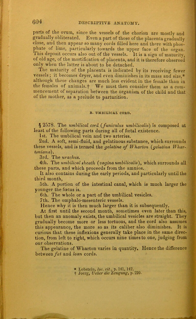parts of the ovura, since the vessels of the chorion are moslly and gradually obliterated. Even a part of those of the placentagradually dose, and then appear so many cords filled here and there withphos- phate of lime, particularly towards the upper face of the organ. This deposit occurs also out of the vessels. It is a sign of maturity, of old age, of the mortification of placenta, and it is therefore observed only when the latter is about to be detached. The maturity of the placenta is indicated by its receiving fewer vessels; it becomes dryer, and even diminishes in its mass and size,* although these changes are much less evident in the female than in the females of animals.f We must then consider them as a com- mencement of Separation between the örganism of the child and that of the raother, as a prelude to parturition. B. ÜMBIIICAL COHD. § 2578. The umhilical cord (^funiculus umbilicalis') is composed at least of the following parts during all of fcetal existence. Ist. The umbilical vein and two arteries. 2nd. A soft, semi-fluid, and gelatinous substance, which surrounds these vessels, and is termed the gelatine of Wharton (^gelulina fV/iar- ioniana). 3rd. The urachus. 4th. The umbilical sheath (^vagina umbilicalis), which surrounds all these parts, and which proceeds frora the amnios. It also contains during the early periods, and particularly until the third month, 5th. A portion of the intestinal canal, which is much larger the younger the foetus is. 6th. The whole or a part of the umb'ilical vesicles. 7th. The omphalo-mesenteric vessels. Hence why it is then much larger than it is subsequently. At first until the second month, sometimes even later than this, but then an anomaly exists, the umbilical vesicles are straight. They gradually become more or less tortuous, and the cord also assumes this appearance, the more so as its caliber also diminishes. It is curious that these inflexions generally take place in the same direc- tion, from left to right, which occurs nine limesto one, judging from our observations. The gelatine of Wharton varies in quantity. Hence the difference between fat and lean cords. * Lobstein, loc. cU., p. 141, 142, t Joerg, Ucber die Zeugung, p. 220.