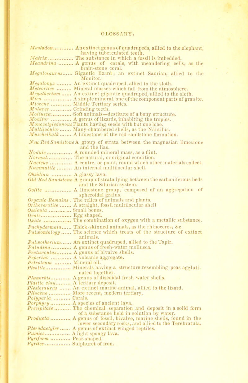 Mastodon An extinct genus of quadrupeds, allied to the elephant, having tubeiculated teeth. Matrix The substance in which a fossil is imbedded. Meandrina A genus of corals, with meandering cells, as the brain-stone coral. Megnlosaurus Gigantic lizard ; an extinct Saurian, allied to the Monitor. Megalonyx An extinct quadruped, allied to the sloth. Meteorites Mineral masses which fall from the atmosphere. Megatherium An extinct gigantic quadruped, allied to the sloth. Mica A simplemineral, one of the component parts of granite. Miocene Middle Tertiary series. Mnlares Grinding teeth. Mollusca Soft animals—destitute of a bony structure. Monitor A genus of lizards, inhabiting the tropics. Monocotyledonous Plants having seeds with but one lobe. Multilocular Many-chambered shells, as the Nautilus. Muschelkalk A limestone of the red sandstone formation. New Red Sandstone A. group of strata between the magnesian limestone and the lias. Nodule A rounded mineral mass, as a flint. Normal The natural, or original condition. Nucleus A centre, or point, round which other materials collect. Nummulite An internal multilocular shell. Obsidian A glassy lava. Old Red Sandstone A group of strata lying between the carboniferous beds and the Silurian system. Oolite A limestone group, composed of an aggregation of spheroidal grains. Organic Remains . The relics of animals and plants. Orthocerutite A straight, fossil multilocular shell Ossicula Small bones. Ovate Egg shaped. Oxide The combination of oxygen with a metallic substance. Pachydermata Thick-skinned animals, as the rhinoceros, &c. Palceontolugy The science which treats of the structure of extinct animals. Palceotherium An extinct quadruped, allied to the Tapir. Paludina A genus of fresli-water mollusca. Pectuncuius A genus of bivalve shells. Peperino A volcanic aggregate. Petroleum Mineral oil. Pisolite Minerals having a structure resembling peas aggluti- nated together. Planorbis A genus of discoidal fresh-water shells. Plastic clay A tertiary deposit. Plesiosaurus An extinct marine animal, allied to the lizard. Pliocene More recent, modern tertiary. Polyp aria Corals. Porphyry A species of ancient lava. Precipitate The chemical separation and deposit in a solid form of a substance held in solution by water. Producta A genus of fossil, bivalve, marine shells, found in the lower secondary rocks, and allied to the Terebratula. Pterodaclylcs A genus of extinct winged reptiles. Pumice A light spongy lava. Pyriform Pear-shaped Pyrites Sulphuret of iron.
