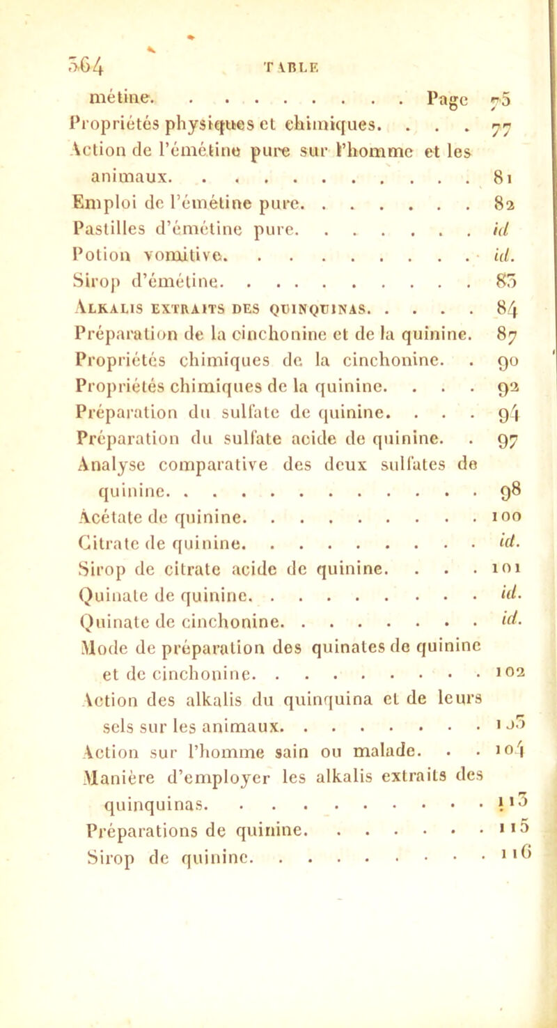 T U5LF. â.64 métine Page O y Propriétés physiques et chimiques. ... 77 Action de l’émétine pure sur Phomme et les animaux 81 Emploi de l’émétine pure. 82 Pastilles d’émétine pure. ...... id Potion vomitive id. Sirop d’émétine 85 Alkaeis extraits des quinquinas 84 Préparation de la cinchonine et de la quinine. 87 Propriétés chimiques de la cinchonine. . go Propriétés chimiques de la quinine. . . . 92 Préparation dn sulfate de quinine. . . . g4 Préparation du sulfate acide de quinine. . 97 Analyse comparative des deux sulfates de quinine 98 Acétate de quinine 100 Citrate de quinine id. Sirop de citrate acide de quinine. . . . mi Quinale de quinine id. Quinate de cinchonine id. Mode de préparation des quinates de quinine et de cinchonine 102 Action des alkalis du quinquina et de leurs sels sur les animaux 1 Action sur l’homme sain ou malade. . • io4 Manière d’employer les alkalis extraits des quinquinas Préparations de quinine Sirop de quinine