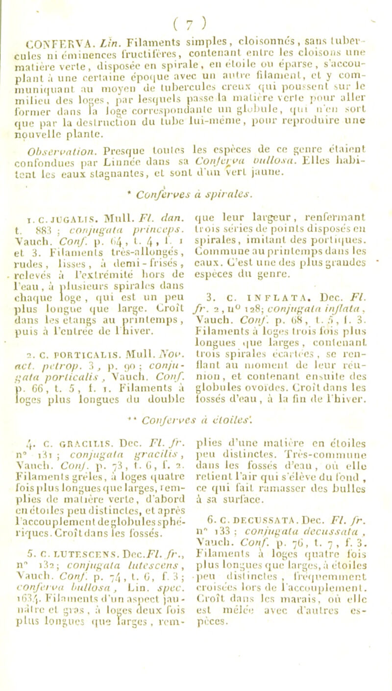 ( 7 ) CONFERVA. Lin. Filaments simples, cloisonnés, sans fubev cules ni éminences fructifères, contenant entre les cloisons une matière verte, disposée en spirale, en étoile ou éparse, s'accou- plant à une certaine époi|ue avec un autre filament, et y com- muniquant au moyen de tubercules creux qui poussent sur le milieu des loges, par lesquels passe la matière verte pour aller former dans la loge correspondante un globule, qui n en sort que par la destruction du tube lui-meme, pour reproduire une npuvelle plante. Observation. Presque toutes les espèces de ce genre étaient confondues par Linnce dans sa Confcrm onllosa. Elles habi- tent les eaux stagnantes, eL sont d'un vert jaune. * Conf erres à spirales. 1. c. jugALis. Mull. Fl. clan. t. 883 ; conjngata princeps. Vauch. Conf. p. <>4 , t. 4 , I i et 3. Filaments très-allongés, rudes, lisses, à demi - frisés , relevés à l’extrémité hors de l’eau, à plusieurs spirales dans chaque loge , qui est un peu plus longue que large. Croît dans les étangs au printemps, puis à l’entrée de 1 hiver. 2. C. PORTICALIS. Mull. Nov. net. petrop. 3, p. go; conjn- p ata porlicalis , Vauch. Conf. p. 66, t. 5, 1. i. Filaments à loges plus longues du double que leur largeur, renfermant trois séries de points disposés en spirales, imitant des portiques. Commune au printemps dans les eaux. C’est une des plus grandes espèces du genre. 3. c. inflata. Dec. Fl. fr. 2 , u° 128; conjngata injlata, Vauch. Conf. p. 68, t. à, I. 3. Filaments à loges trois fois plus longues que larges, contenant, trois spirales écartées, se ren- flant au moment de leur réu- nion, et contenant ensuite des globules ovoïdes. Croît dans les fossés d’eau, à la fin de l'hiver. ' * Conf erres à étoiles'. 4. C. GltAClLlS. Dec. Fl. fr. n° i3i ; conjngata gracilis, Vauch. Conf. p. 73, t. 6, f. 2. Filaments grêles, à loges quatre fois plus longues que larges, 1 em- plies de matière verte, d'abord eu étoiles peu distinctes, et après 1 accou plemcnt de globules sphé- riques. Croîtdans les fossés. 5. c. lutescens. Dec.Fl. fr., n” 13 2 ; conjngata Lite s cens , Vauch. Conf. p. 74, t. 0, f. 3 ; conf erra bnltosa , Lin. spec. 163/,. Filaments d'un aspect jau- nâtre et gros , à loges deux fois plus longues que larges, rem- plies d’une matière en étoiles peu distinctes. Très-commune dans les fossés d’eau, où elle retient l'air qui s'élève du fond , ce qui fait ramasser des bulles à sa surface. 6. c. DECUSSATA. Dec. Fl. fr. n i33 ; conjngata decussata , Vauch. Conf. p. 76, t. 7, f. 3. Filaments à loges quatre fois plus longues que larges, à étoiles peu distinctes, fréquemment croisées lors de 1 accouplement. Croît dans les marais, où elle est mélce avec d'autres es- pèces.