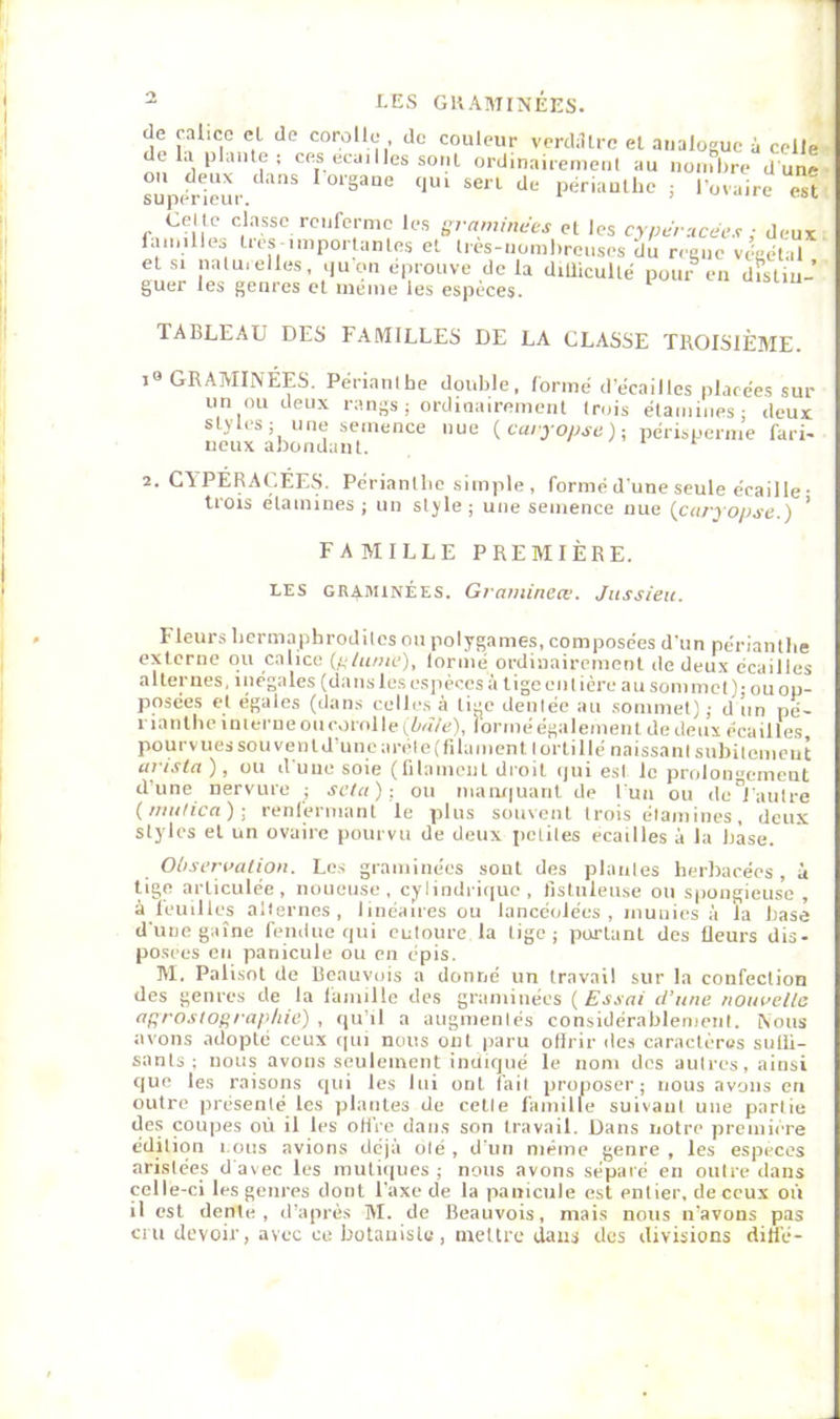 de calice et de corellc de couleur verddtre el analogue i celle • dt la plante ; ces écaillés sont ordinaicenieni au nuinbre d une • ou deux dans I organe qui sert de périaulhe ; l’oraire est supérieur. Celte classe renferme les f II .V, i^raminaes cl les cyperacées : deux faimlles 1res importantes et très-uomlireuses du neuc viWtal et SI natu, elles, quem liprouve delà diUicullé pour en distiii- guer les genres cl meme les espèces. TABLEAU DES FAMILLES DE LA CLASSE TROISIÈME. 1® GRAMINÉES. Périanibe double, formé d’ecailles placées sur un ou deux rangs ; ordinairement trois étamines; deux styles: une semence nue {caryopse)- périsperme fari- neux abondant. 2. CAPERACÉES. Périanibe simple, formé dune seule écaille • trois elamiiies ; un style; une semence nue {caryopse.) ’ FAMILLE PREMIÈRE. LES GRAMINÉES. Gramincœ. Jussieu. Fleurs bcrmaphrodilcs on polygames, composées d'un périantlie externe ou calice {plume), lormé ordinairement de deux écailles alternes, inégales (danslesesiièccsà tige entière au soin met); ou op- posées et égales (dans celles à tiee denlée au sommet); d un pé- rianlhe interne ou corol le (iu7e), lormé égalenient de deux écailles pourvues sou vent d'une a réle (fila men l lortil lé naissant siibilement arista ), ou d'une soie (filament droit qui esl le prolon<>emeut d’une nervure ; scia)-, ou manc|uarit de l'un ou de^l'aulre {mulica)i renlermant le plus souvent trois élamines, deux styles el un ovaire pourvu de deux pctiles écaillés à la base. Ohserualiou. Le.s graminées sout des piaules herbacées, à lige articulée, noueuse, cylindrique, listuleuse ou spongieuse , à feuilles alternes, linéaires ou lancéolées, munies à la base d'uiie gaine fendue qui entoure la lige; portant des fleurs dis- posées en panicule ou en épis. M. Palisol de Beauvais a donné un travail sur la confeclion des genres de la famille des graminées {Essai d’une nouvelle aprostopraphie) , qu'il a augmenlés considérablement. Nous avons adopté ceux qui nous ont paru ollrir des caractères sulü- sants ; nous avons seulement inaïqué le nom des aulres, ainsi que les raisons qui les lui ont fail proposer; nous avons en outre présenté les plantes de celle famille suivant une partie des coupes où il les offre dans son travail. Dans notre première édition i.ous avions déjà olé , d'un même genre , les especes aristées d'avec les rautiques ; nous avons séparé en outre dans celle-ci les genres dont l'axe de la panicule est entier, de ceux oi'i il est dente, d’après M. de Beauvois, niais nous n’avons pas Cl U devoir, avec ce botauislu , nieltre dans des divisions dilfé-