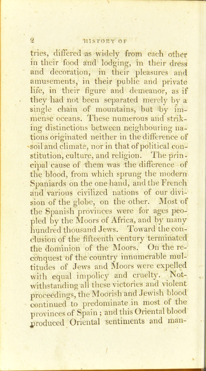 tries, differed as widely from eaeh other in their food and lodging, in their dress and decoration, in their pleasures and amusements, in their public and private life, in their figure and demeanor, as if they had not been separated merely by a single ohain of mountains, but by im- mense oceans. These numerous and strik- ing distinctions betvveen neighbouring na- tions originated neither in the difference of soil and climate, nor in that of political Con- stitution, culture, and religion. The prin- cipal cause of them was the difference of the blood, from vvhich sprung the modern Spaniards on the one hand, and the French and various civilized nations of our divi- sion of the globe, on the other. Most of the Spanish provinces vvere for ages peo- pled by the Moors of Africa, and by many hundred thousand Jews. Toward the con- clusion of the fifteenth Century terminated the dominion of the Moors. On the re- co'nquest of the country innumerable mul- titudes of Jews arid Moors were expelled with equal impolicy and cruelty. Not- withstanding all tnese victories and violent proceedings, the Moorish and Jewish blood continued to predonnnate m most of the provinces of Spain ; and this Oriental blood ^roduced Oriental Sentiments and man-