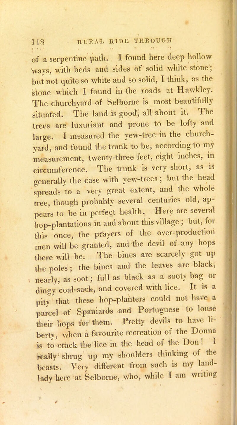 ! ■  ■ , , ' of a serpentine path. I found here deep hollow ways, with beds and sides of solid white stone; but not quite so white and so solid, I think, as the stone which I found in the roads at Hawkley. The churchyard of Selborne is most beautifully situated. The land is good, all about it. The trees are luxuriant and prone to be lofty and large. I measured the yew-tree in the church- yard, and found the trunk to be, according to my measurement, twenty-three feet, eight inches, in circumference. The trunk is very short, as is generally the case with yew-trees ; but the head spreads to a very great extent, and the whole tree, though probably several centuries old, ap- pears to be in perfect health. Here are several hop-plantations in and about this village ; but, for this once, the prayers of the over-production men will be granted, and the devil of any hops there will be. The bines are scarcely got up the poles; the bines and the leaves are black, ; nearly, as soot; full as black as a sooty bag or dingy coal-sack, and covered with lice. It is a pity that these hop-planters could not have a parcel of Spaniards and Portuguese to louse their hops for them. Pretty devils to have li- berty, when a favourite recreation of the Donna is to crack the lice in the head of the Don ! I really' shrug up my shoulders thinking of the beasts. Very different from such is my land- lady here at Selborne, who, while I am writing