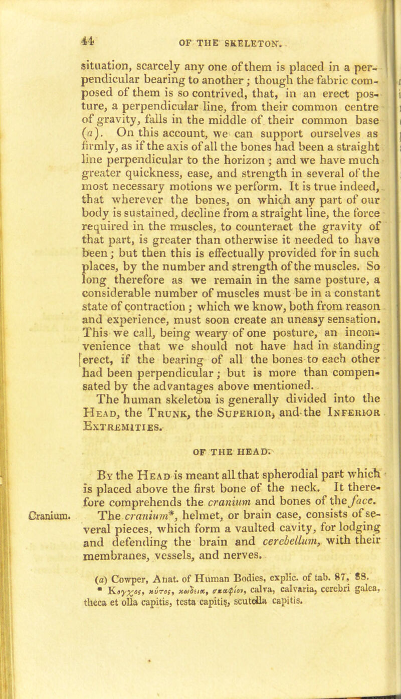 -*4 OF THE SKELETON. situation, scarcely any one of them is placed in a per- pendicular bearing to another; though the fabric com- posed of them is so contrived, that, in an erect pos- ture, a perpendicular line, from their common centre of gravity, falls in the middle of their common base (a). On this account, we can support ourselves as firmly, as if the axis of all the bones had been a straight line perpendicular to the horizon ; and we have much greater quickness, ease, and strength in several of the most necessary motions we perform. It is true indeed, that wherever the bones, on which any part of our body is sustained, decline from a straight line, the force required in the muscles, to counteract the gravity of that part, is greater than otherwise it needed to hav8 been; but then this is effectually provided for in such places, by the number and strength of the muscles. So long therefore as we remain in the same posture, a considerable number of muscles must be in a constant state of contraction ; which we know, both from reason and experience, must soon create an uneasy sensation. This we call, being weary of one posture, an incon- venience that we should not have had in standing [erect, if the bearing of all the bones to each other had been perpendicular; but is more than compen- sated by the advantages above mentioned. The human skeleton is generally divided into the Head, the Trunk, the Superior, and the Inferior Extremities. of the head. By the Head is meant all that spherodial part which is placed above the first bone of the neck. It there- fore comprehends the cranium and bones of the face. Cranium. The cranium*, helmet, or brain case, consists of se- veral pieces, which form a vaulted cavity, for lodging and defending the brain and cerebellum, with their membranes, vessels, and nerves. (a) Cowper, Anat. of Human Bodies, explic. of tab. 87, 88. • kvtoi, xojouk, trtttifiov, calva, calvaria, cerebri galea, theca et olla capitis, testa capitis, scuteila capitis.