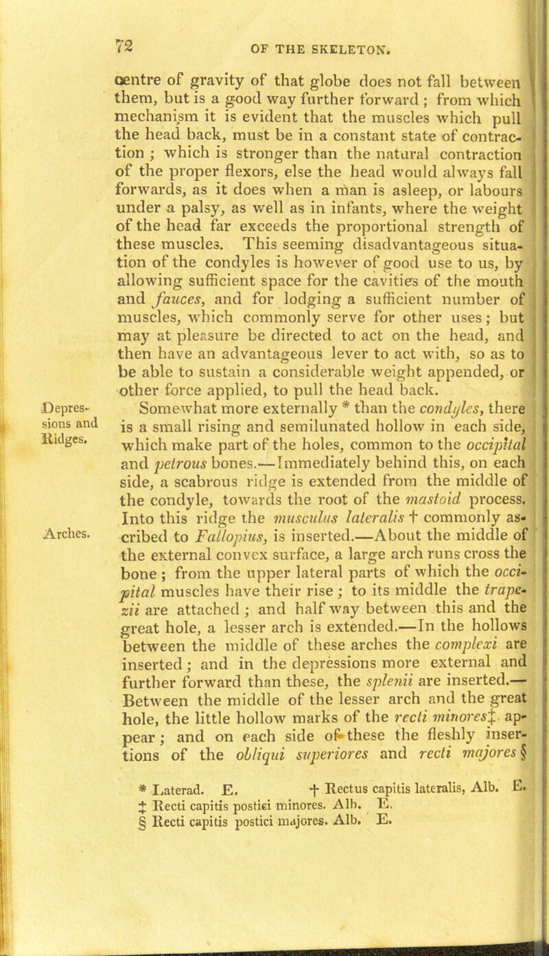 centre of gravity of that globe does not fall between them, but is a good way further forward ; from which > mechanism it is evident that the muscles which pull the head back, must be in a constant state of contrac- tion ; which is stronger than the natural contraction of the proper flexors, else the head would always fall forwards, as it does when a man is asleep, or labours under a palsy, as well as in infants, where the weight of the head far exceeds the proportional strength of these muscles. This seeming disadvantageous situa- tion of the condyles is however of good use to us, by allowing sufficient space for the cavities of the mouth and fauces, and for lodging a sufficient number of muscles, which commonly serve for other uses; but may at pleasure be directed to act on the head, and then have an advantageous lever to act with, so as to be able to sustain a considerable weight appended, or other force applied, to pull the head back. Depres- Somewhat more externally * than the condyles, there sions and js a small rising and semilunated hollow in each side. Ridges. which make part of the holes, common to the occipital and petrous bones.—Immediately behind this, on each side, a scabrous ridge is extended from the middle of the condyle, towards the root of the mastoid process. Into this ridge the musculus lateralis t commonly as- Arches. cribed to Fallopius, is inserted.—About the middle of the external convex surface, a large arch runs cross the bone ; from the upper lateral parts of which the occi- pital muscles have their rise; to its middle the trape- zii are attached ; and half way between this and the great hole, a lesser arch is extended.—In the hollows between the middle of these arches the complexi are inserted; and in the depressions more external and further forward than these, the splenii are inserted.— Between the middle of the lesser arch and the great hole, the little hollow marks of the recti minores% ap- pear ; and on each side of* these the fleshly inser- tions of the obliqui superiores and recti majores § * Laterad. E. *j- Rectus capitis lateralis, Alb. E. $ Recti capitis postiei minores. Alb. E. § Recti capitis postiei majores. Alb. E.