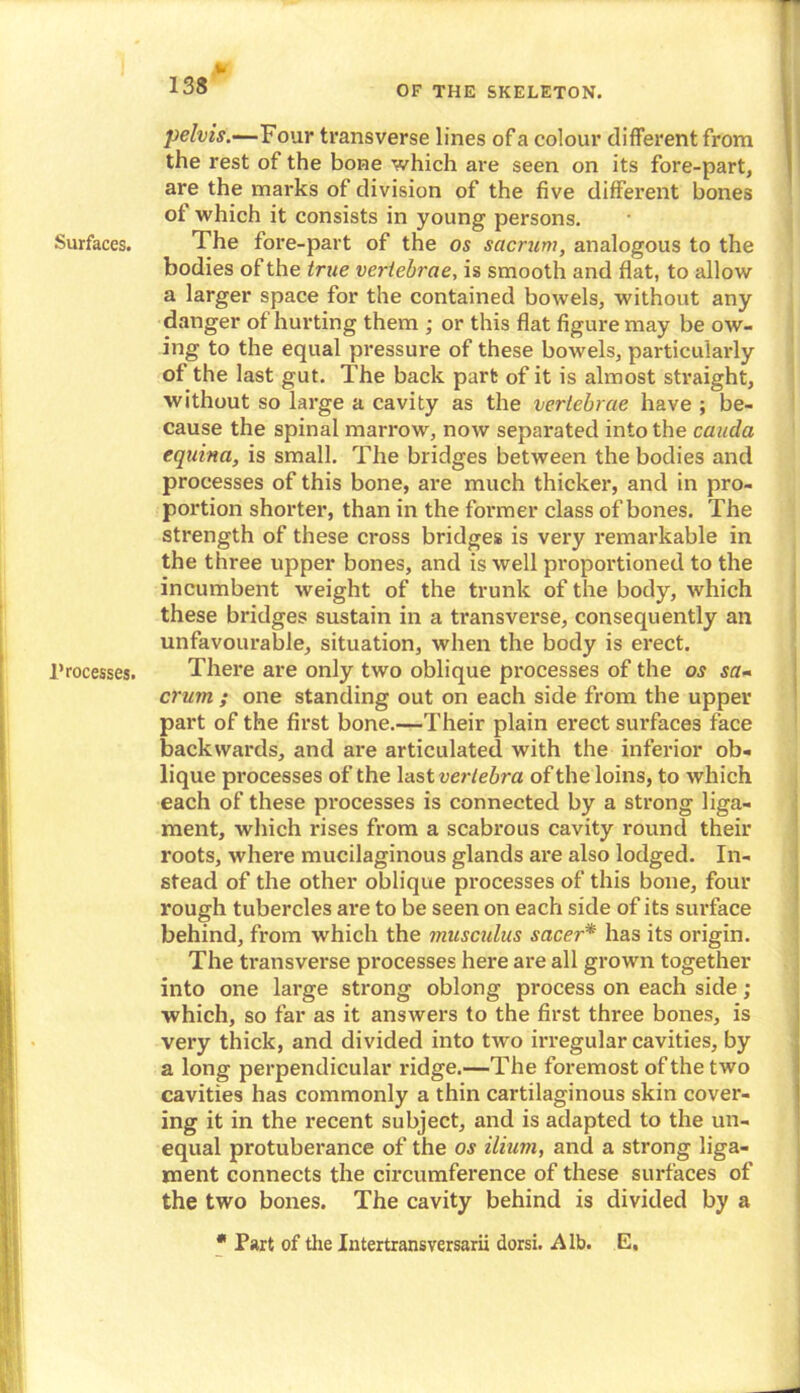 Surfaces. .Processes. 133 W pelvis.—Four transverse lines of a colour different from the rest of the bone which are seen on its fore-part, are the marks of division of the five different bones of which it consists in young persons. The fore-part of the os sacrum, analogous to the bodies of the true vertebrae, is smooth and flat, to allow a larger space for the contained bowels, without any danger of hurting them ; or this flat figure may be ow- ing to the equal pressure of these bowels, particularly of the last gut. The back part of it is almost straight, without so large a cavity as the vertebrae have ; be- cause the spinal marrow, now separated into the cauda equina, is small. The bridges between the bodies and processes of this bone, are much thicker, and in pro- portion shorter, than in the former class of bones. The strength of these cross bridges is very remarkable in the three upper bones, and is well proportioned to the incumbent weight of the trunk of the body, which these bridges sustain in a transverse, consequently an unfavourable, situation, when the body is erect. There are only two oblique processes of the os sa- crum ; one standing out on each side from the upper part of the first bone.—Their plain erect surfaces face backwards, and are articulated with the inferior ob- lique processes of the last vertebra of the loins, to which each of these processes is connected by a strong liga- ment, which rises from a scabrous cavity round their roots, where mucilaginous glands are also lodged. In- stead of the other oblique processes of this bone, four rough tubercles are to be seen on each side of its surface behind, from which the musculus sacer* has its origin. The transverse processes here are all grown together into one large strong oblong process on each side; which, so far as it answers to the first three bones, is very thick, and divided into two irregular cavities, by a long perpendicular ridge.—The foremost of the two cavities has commonly a thin cartilaginous skin cover- ing it in the recent subject, and is adapted to the un- equal protuberance of the os ilium, and a strong liga- ment connects the circumference of these surfaces of the two bones. The cavity behind is divided by a * Part of the Intertransversarii dorsi. Alb. E,