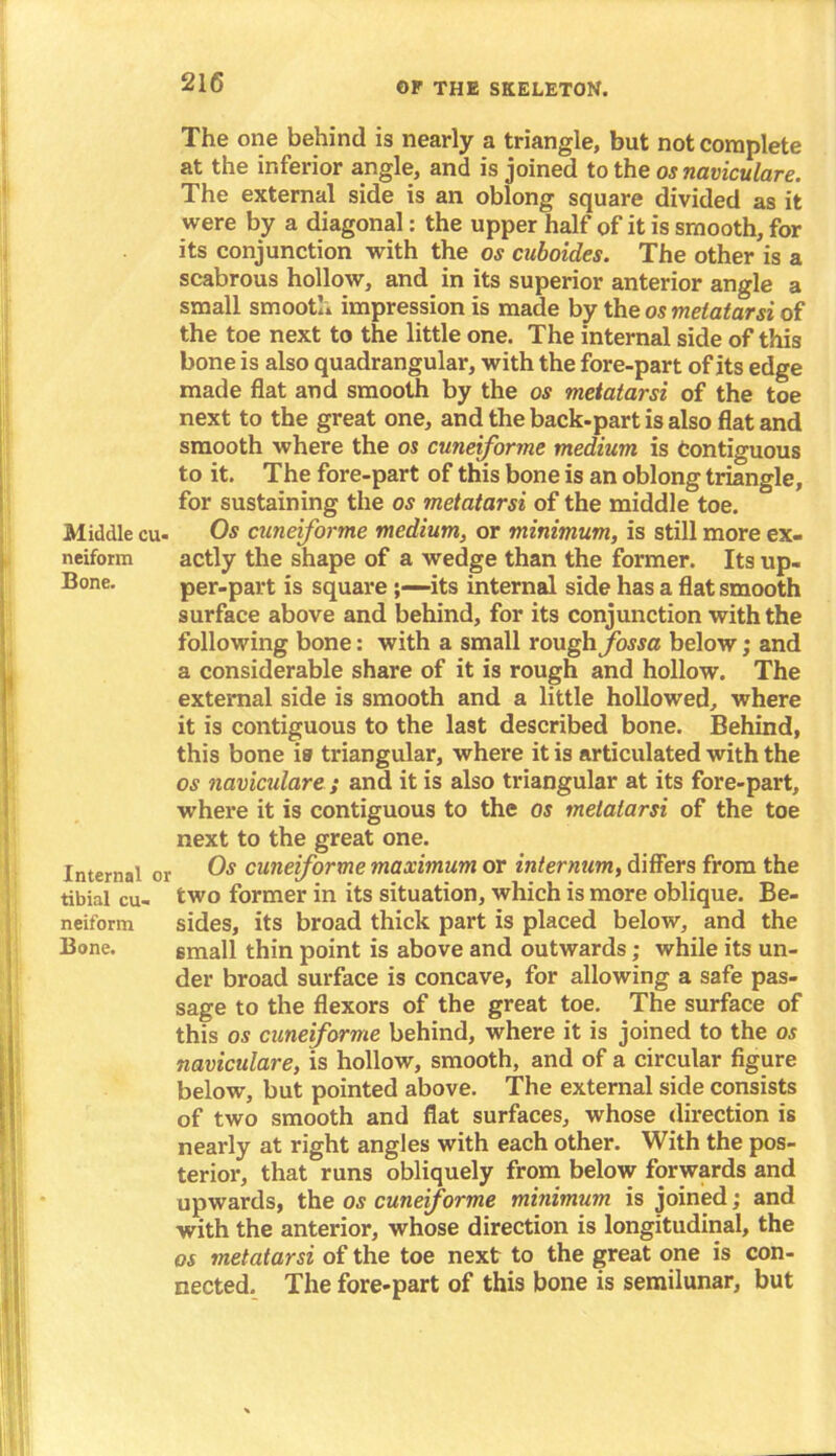 The one behind is nearly a triangle, but not complete at the inferior angle, and is joined to the os naviculare. The external side is an oblong square divided as it were by a diagonal: the upper half of it is smooth, for its conjunction with the os cuboides. The other is a scabrous hollow, and in its superior anterior angle a small smooth impression is made by the os metatarsi of the toe next to the little one. The internal side of this bone is also quadrangular, with the fore-part of its edge made flat and smooth by the os metatarsi of the toe next to the great one, and the back-part is also flat and smooth where the os cuneiforme medium is Contiguous to it. The fore-part of this bone is an oblong triangle, for sustaining the os metatarsi of the middle toe. Middle cu- Os cuneiforme medium, or minimum, is still more ex- neiform actly the shape of a wedge than the former. Its up- Bone. per-part is square ;—its internal side has a flat smooth surface above and behind, for its conjunction with the following bone: with a small rough fossa below; and a considerable share of it is rough and hollow. The external side is smooth and a little hollowed, where it is contiguous to the last described bone. Behind, this bone is triangular, where it is articulated with the os naviculare ; and it is also triangular at its fore-part, where it is contiguous to the os metatarsi of the toe next to the great one. Internal or Os cuneiforme maximum or internum, differs from the tibial cu- two former in its situation, which is more oblique. Be- neif'orm sides, its broad thick part is placed below, and the Bone. email thin point is above and outwards; while its un- der broad surface is concave, for allowing a safe pas- sage to the flexors of the great toe. The surface of this os cuneiforme behind, where it is joined to the 05 naviculare, is hollow, smooth, and of a circular figure below, but pointed above. The external side consists of two smooth and fiat surfaces, whose direction is nearly at right angles with each other. With the pos- terior, that runs obliquely from below forwards and upwards, the os cuneiforme minimum is joined; and with the anterior, whose direction is longitudinal, the os metatarsi of the toe next to the great one is con- nected. The fore-part of this bone is semilunar, but
