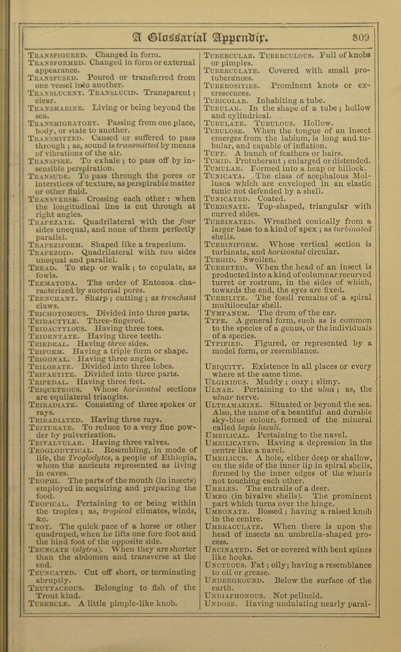 ©lo^s'art'nl Slpprutri')*. soo TitAXSFiouitED. Changed iu form. Tit.v.NSi'Oi£MEU. Changed in form or external appearance. Tk.vnseused. I’oured or transferred from one vessel iixto another. I'li.e.NSLUCEXT. Tit.vxsEUCiD. Transparent; clear. TK.vxsiL,uiiXE. Living or being beyond the sea. TuA.vsmoK.eTOBY. Passing from one place, body, or state to another. Tk.vx'smitxed. Caused or suffered to pass through i as, sound is transmitted by means of vibrations of the air. Tii.vxsriKE. To exhale ; to pass off by in- sensible perspiration. Tit.vNsiruE. To pass through the pores or interstices of texture, as perspirable matter or other duid. TiiAxsvEKSK. Crossing each other: Tvhen tlie longitudinal line is ent through at right angles. TKAt’EZ.vTE. Quadrilateral with the four sides unequal, and none of them perfectly parallel. Tkai'ezieorm. Shaped like a trapezium. TkaI'EZOlu. Quadrilateral with two sides unequal and parallel. Tjie.uj. To step or walk; to copulate, as fowls. Teejutoda. The order of Entozoa cha- racterized bj' suctorial pores. Teexcu.axx. Sharp ; cutting ; as trenchant claws. Tbicuoxomous. Divided into three parts. Tridacxyle. Three-fingered. Tbi d.aciylous. Having three toes. Tbidexx.ixe. Having three teeth. Tbiedkae. Having three sides. Tbifobu. Having a triple form or shape. Tkiooxal. Having tlirce angles. Tbilobaxe. Divided into three lobes. Tbipaiixiie. Divided into three ports. Tbipedal. Having three feet. Tbioeexbous. Whose horizontal sections are equilateral triangles. Tp.iBAnL.vxE. Consisting of three spokes or rays. Tbibadiated. Having three rays. Trixebaxe. To reduce to a very fine pow- der by pulverization. Tbivalvulab. Having three valves. Tboolodyxical. Resembling, in mode of life, the Troglodytes, a people of Ethiopia, whom the ancients represented as living in caves. Tbopui. The parts of the mouth (in insects) employed in acquiring and preparing the food. Tbopical. Pertaining to or being within the tropics ; ns, tropical climates, winds, &c. Tbox. The quick pace of a horse or other quadruped, when he lifts one fore foot and the hind foot of the opposite side. Tbdscaxe (.elytra). Wlicn they are shorter than tlie abdomen and transverse at the end. Tp.L’XCaxed. Cut off short, or terminating abruptly. Truxxaceous. Belonging to fish of the Trout kind. Teuebcle. a little pimple-like knob. Tuberculab. Tuberculous. Pull of knobs or pimples. Tubebculaxe. Covered with small pro- tuberances. Tubebosixies. Prominent knots or ex- crescences. TuBicoLAit. Inhabiting a tube. Tubular. In the shape of a tube i hollow and cylindrical. Tubulaie. Tubulous. Hollow. Tubulose. When the tongue of an inscet emerges from tlie labium, is long and tu- bular, and capable of inflation. Tuft. A buucli of feathers or hairs. Tumid. Protuberant; enlarged or distended. Tumular. Formed into a heap or hillock. Tunicata. The class of acephalous Mol- lusca which are enveloped in an elastic tunic not defended by a shell. Tuxicated. Coated. Tubbixate. Top-shaped, triangular with curved sides. Turbinated. Wreathed conically from a larger base to a kind of apex j ns turbinated shells. Turbiniform. Whose vertical section is turbinate, and horizontal circular. Turgid. Swollen. Turbeted. When the head of an insect is producted into a kind of columnar recurved turret or rostrmn, in the sides of which, towards the end, the eyes are fixed. Tubrilitb. The fossil remains of a spiral multilocular shell. Tytifanum. Tlie drum of the oar. Type. A general form, such as is common to the species of a genus, or the individuals of a species. Titified. Figured, or represented by a model form, or resemblance. Ubiquity. Existence in all places or every where at the same time. Uloinious. Muddy ; oozy j slimy. Ulnar. Pertaining to the ulna ; as, the ulnar nerve. Ultilvmarine. Situated or beyond the sea. Also, the name of a beautiful and durable sky-blue colour, formed of the mineral called lapis lazuli. Umbii.ical. Pertaining to the navel. Ujibilicated. Having a depression in the centre like a navel. Umbilicus. A hole, either deep or shallow, on the side of the inner lip in spiral shells, formed by the inner edges of the whorls not touching each other. Umbles. The entrails of a deer. Umbo (in bivalve shells). The prominent part which turns over the hinge. Umbonate. Bossed ; having a raised knob in the centre. Umbraculate. When there is upon the head of insects an umbrella-shaped pro- cess. Uxcinated. Set or covered with bent spines like hooks. Unctuous. Fat; oily; having a resemblance to oil or grease. Undebobound. Below the surface of the earth. Undiapiionous. Not pellucid. Undose. Having undulating nearly pai-al-