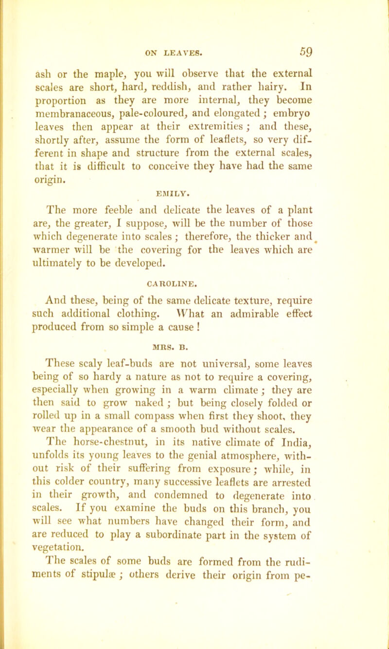 ash or the maple^ you will observe that the external scales are short, hard, reddish, and rather hairy. In proportion as they are more internal, they become membranaceous, pale-coloured, and elongated ; embryo leaves then appear at their extremities; and these, shortly after, assume the form of leaflets, so very dif- ferent in shape and structure from the external scales, that it is difficult to conceive they have had the same origin. EMILY. The more feeble and delicate the leaves of a plant are, the greater, I suppose, will be the number of those which degenerate into scales; therefore, the thicker and^ warmer will be the covering for the leaves which are ultimately to be developed. CAROLINE. And these, being of the same delicate texture, require such additional clothing. What an admirable effect produced from so simple a cause ! MRS. B. These scaly leaf-buds are not universal, some leaves being of so hardy a nature as not to require a covering, especially when growing in a warm climate ; they are then said to grow naked ; but being closely folded or rolled up in a small compass when first they shoot, they wear the appearance of a smooth bud without scales. The horse-chestnut, in its native climate of India, unfolds its young leaves to the genial atmosphere, with- out risk of their suffering from exposure; while, in this colder country, many successive leaflets are arrested in their growth, and condemned to degenerate into scales. If you examine the buds on this branch, you will see what numbers have changed their form, and are reduced to play a subordinate part in the system of vegetation. The scales of some buds are formed from the rudi- ments of stipula?; others derive their origin from pe-