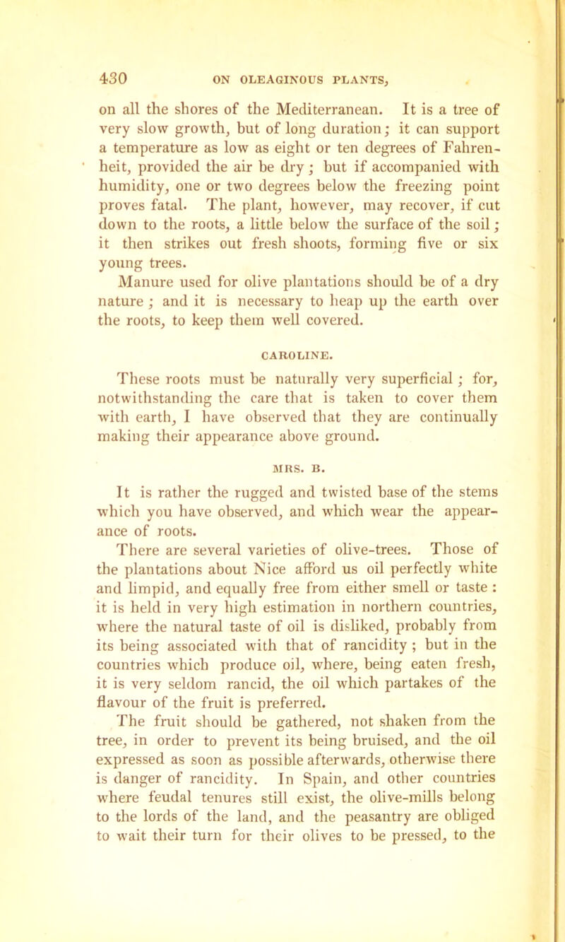 on all the shores of the Mediterranean. It is a tree of very slow growth, but of long duration; it can support a temperature as low as eight or ten degrees of Fahren- heit, provided the air be chy; but if accompanied with humidity, one or two degrees below the freezing point proves fatal. The plant, however, may recover, if cut down to the roots, a little below the surface of the soil; it then strikes out fresh shoots, forming five or six young trees. Manure used for olive plantations should be of a dry nature; and it is necessary to heap up the earth over the roots, to keep them well covered. CAROLINE. These roots must be naturally very superficial; for, notwithstanding the care that is taken to cover them with earth, I have observed that they are continually making their appearance above ground. MRS. B. It is rather the rugged and twisted base of the stems which you have observed, and which wear the appear- ance of roots. There are several varieties of olive-trees. Those of the plantations about Nice afford us oil perfectly white and limpid, and equally free from either smeU or taste : it is held in very high estimation in northern countries, where the natural taste of oil is disliked, probably from its being associated with that of rancidity ; but in the countries which produce oil, where, being eaten fresh, it is very seldom rancid, the oil which partakes of the flavour of the fruit is preferred. The fruit should be gathered, not shaken from the tree, in order to prevent its being bruised, and the oil expressed as soon as possible afterwards, otherwise there is danger of rancidity. In Spain, and other countries where feudal tenures still exist, the olive-mills belong to the lords of the land, and the peasantry are obliged to wait their turn for their olives to be pressed, to the