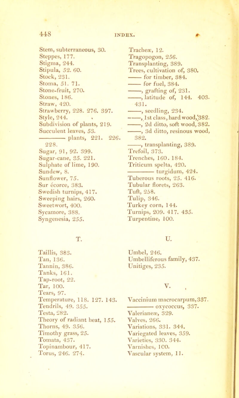 Stem, subterraneous, 30. Steppes, 177. Stigma, 244. Stipuia, 52. 60. Stock, 231. Stoma, 51. 71. Stone-fruit, 270. Stones, 186. Straw, 420. Strawberry, 228. 276. 397. Style, 244. . Subdivision of plants, 219. Succulent leaves, 53. plants, 221. 226. 228. Sugar, 91, 92. 399. Sugar-cane, 35. 221. Sulphate of lime, 190. Sundew, 8. Sunflower, 75. Sur ecorce, 383. Swedish turnips, 417. Sweeping hairs, 260. Sweetwort, 400. Sycamore, 388. Syngenesia, 255. T. Taillis, 383. Tan, 136. Tannin, 386. Tanks, 161. Tap-root, 22. Tar, 100. Tears, 97. Temperature, 118. 127. 143. Tendrils, 49. 355. Testa, 282. Theory of radiant heat, 155. Thorns, 49. 356. Timothy grass, 25. Tomata, 437. Topinambour, 417. Torus, 246. 274. Trachea;, 12. Tragopogon, 256. Transplanting, 389. Trees, cultivation of, 380. for timber, 384. for fuel, 384. , grafting of, 231. , latitude of, 144. 403. 431. , seedling, 234. , 1st class, hard wood,[382. , 2d ditto, soft wood, 382. , 3d ditto, resinous wood, 382. , transplanting, 389. Trefoil, 373. Trenches, 160. 184. Triticum spelta, 420. turgidum, 424. Tuberous roots, 25. 416. Tubular florets, 263. Tuft, 258. Tulip, 346. Turkey corn, 144. Turnips, 209. 417. 435. Turpentine, 100. U. Umbel, 246. Umbelliferous family, 437. Unitiges, 235. Vaccinium inaerocarpum,337. oxycoccus, 337. Valerianea;, 329. Valves, 266. Variations, 331. 344. Variegated leaves, 359. Varieties, 330. 344. Varnishes, ICO. Vascular system, II.