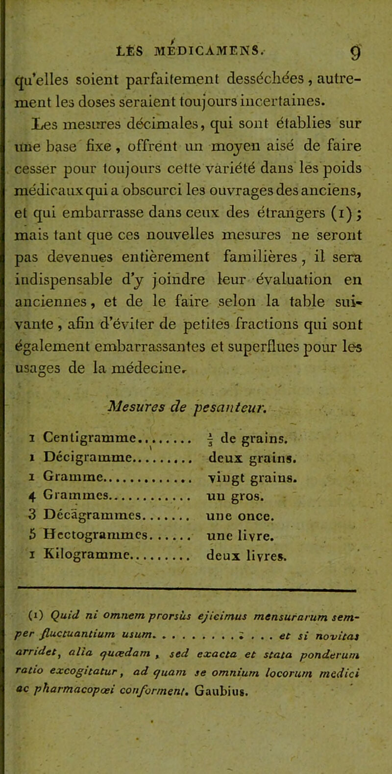 qu’elles soient parfaitement desséchées , autre- ment les doses seraient toujours incertaines. Les mesures décimales, qui sont établies sur une base fixe, offrent un moyen aisé de faire cesser pour toujours cette variété dans les poids médicaux qui a obscurci les ouvrages des anciens, et qui embarrasse dans ceux des étrangers (i); mais tant que ces nouvelles mesures ne seront pas devenues entièrement familières , il sera indispensable d’y joindre leur évaluation en anciennes, et de le faire selon la table sui* vante , afin d’éviter de petites fractions qui sont également embarrassantes et superflues pour les usages de la médecine. Mesures de pesanteur. i Centigramme ... j de grains. i Décigramme deux grains. i Gramme vingt grains. 4 Grammes uu gros. 3 Décâgrammes une once. 5 Hectogrammes une livre. i Kilogramme deux livres. (x) Quid ni ornnem prorsùs ejieimus mensurarum sem- per Jluctuantium usum ; ... et si novitas arndet, a lia qucedam , sed exacta. et stata ponderum ratio excogitatur, ad cjuam se omnium locoruni medici ac pliarmacopoei conforment. Gaubius.