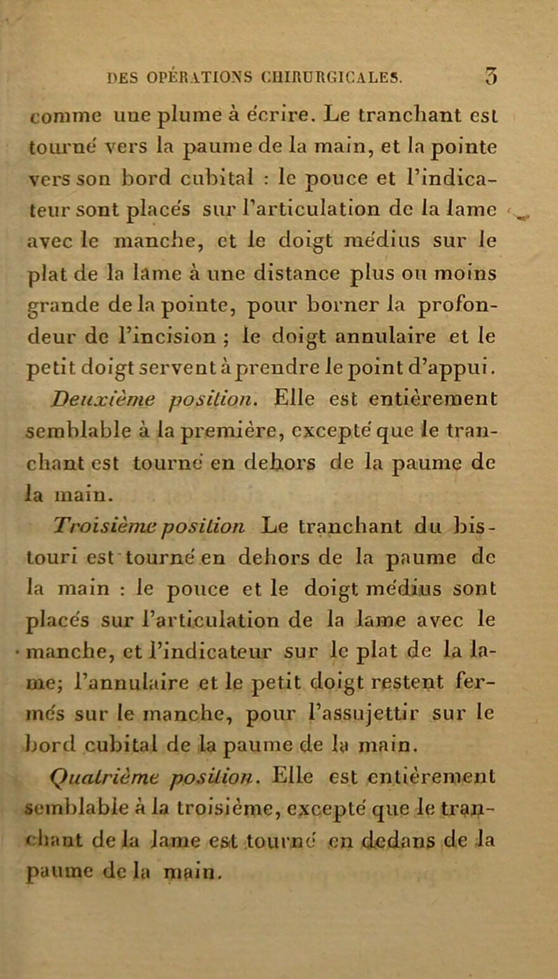 comme uue plume à écrire. Le tranchant est tourne vers la paume de la main, et la pointe vers son bord cubital : le pouce et l’indica- teur sont places sur l’articulation de la lame avec le manche, et le doigt me'dius sur le plat de la lame à une distance plus ou moins grande de la pointe, pour borner la profon- deur de l’incision ; le doigt annulaire et le petit doigt servent à prendre le point d’appui. Deuxième position. Elle est entièrement semblable à la première, excepte que le tran- chant est tourne en dehors de la paume de la main. Troisième position Le tranchant du bis- touri est tourne'en dehors de la paume de la main : le pouce et le doigt me'dius sont places sur l’articulation de la lame avec le manche, et l’indicateur sur le plat de la la- me; l’annulaire et le petit doigt restent fer- mes sur le manche, pour l’assujettir sur le bord cubital de la paume de la main. Quatrième position. Elle est entièrement semblable à la troisième, excepte que le tran- chant delà lame est tourne en dedans de la paume de la main.