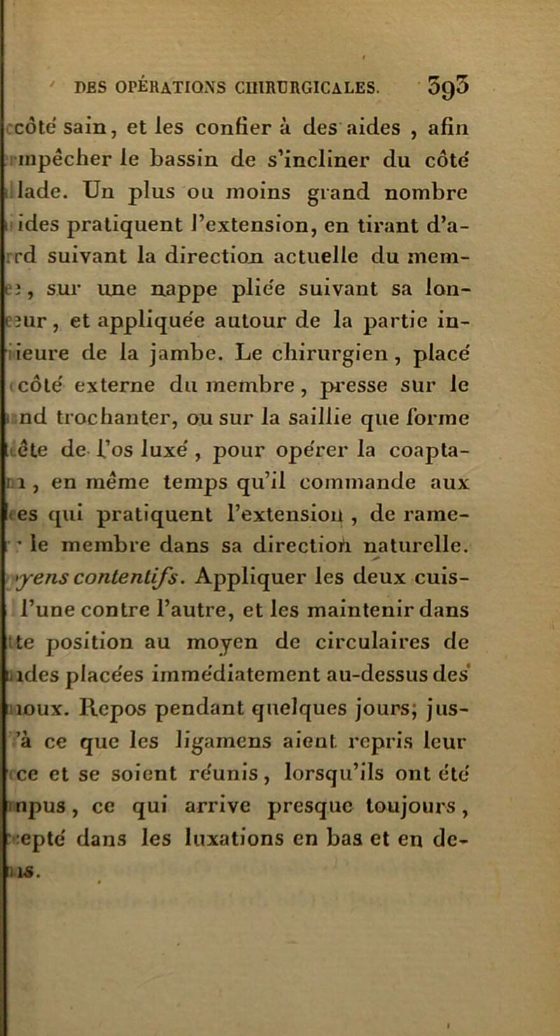 côte sain, et les confier à des aides , afin inpêcher le bassin de s’incliner du côte' lade. Un plus ou moins grand nombre ides pratiquent l’extension, en tirant d’a- rd suivant la direction actuelle du mem- eî, sur luie nappe plie'e suivant sa lon- i îur, et applique’e autour de la partie in- ieure de la jambe. Le chirurgien, place <côté externe du membre, presse sur le i nd trochanter, ou sur la saillie que forme : cte de l’os luxe', pour ope'rer la coapta- ci, en même temps qu’il commande aux es qui pratiquent l’extension, de rame- • le membre dans sa directioh naturelle. yyens contentifs. Appliquer les deux cuis- l’une contre l’autre, et les maintenir dans te position au moyen de circulaires de ides place'es immédiatement au-dessus des' îoux. Repos pendant quelques jours; jus- a ce que les Jigamens aient repris leur -ce et se soient re'unis, lorsqu’ils ont été' inpus, ce qui arrive presque toujours, ;epté dans les luxations en bas et en dc- 11S.