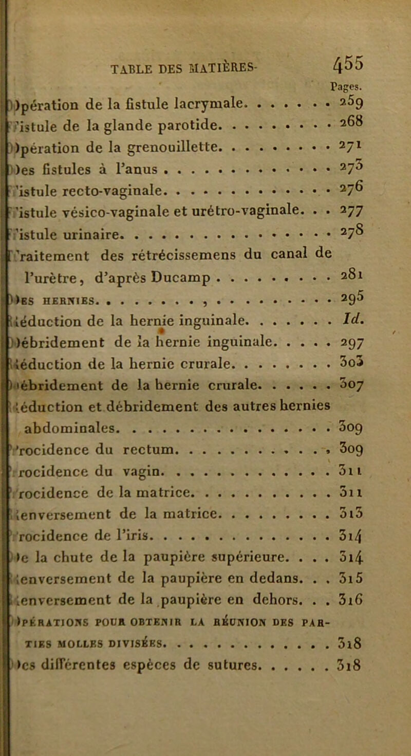 rages. [opération de la fistule lacrymale 259 il.'istule de la glande parotide 26$ [[Opération de la grenouillette 27l Joes fistules à l’anus 27^ 'istule recto-vaginale 27^ 'istule vésico-vaginale et urétro-vaginale. . . 277 'istule urinaire 27^ Traitement des rétrécissemens du canal de l’urètre, d’après Ducamp 28i ))es hernies. 29^ déduction de la hernie inguinale ld. Oébridement de la hernie inguinale 297 déduction de la hernie crurale 3o3 ) lébridement de la hernie crurale 007 • éduction et débridement des autres hernies abdominales ^09 '.'rocidence du rectum . . , 3og 1 rocidence du vagin 5 x 1 rocidence de la matrice 3n denversement de la matrice 5i3 rocidence de l’iris 3i4 de la chute de la paupière supérieure. . . . 5i4 Renversement de la paupière en dedans. . . 5i5 denversement de la paupière en dehors. . . 3iG >PÉRATIONS POUR OBTENIR LA RÉUNION DES PAH TIES MOLLES DIVISÉES 3l8 >cs différentes espèces de sutures 3i8