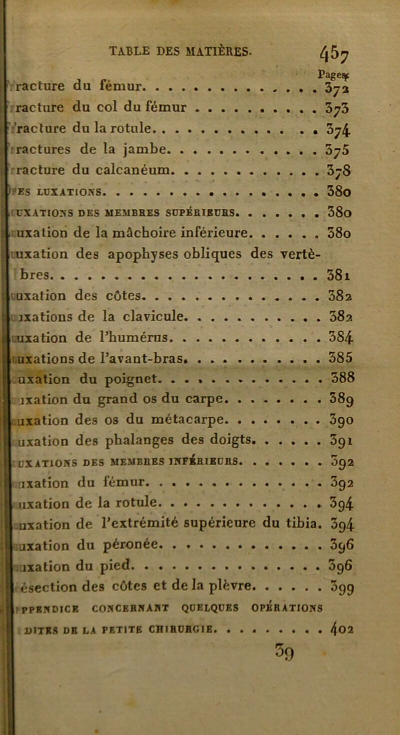 —r- racture du fémur 372 racture du col du fémur 373 raclure du la rotule 374 ractures de la jambe 375 racture du calcanéum 378 > ES LUXATIONS 38o UXATIONS DES MEMBRES SUPÉRIEURS 380 uxalion de la mâchoire inférieure 58o luxation des apophyses obliques des vertè- bres 381 uuxation des côtes 382 luxations de la clavicule 582 1 uuxation de l’humérus 384 ' uxations de l’avant-bras. 385 uxation du poignet. 388 ixation du grand os du carpe 389 uxation des os du métacarpe 390 Iuxation des phalanges des doigts 3gi UXATIONS DES MEMBRES INFÉRIEURS 5g2 uxation du fémur 3g2 uxation de la rotule 3g4 uxation de l’extrémité supérieure du tibia. 3g4 uxation du péronée 3g6 uxation du pied 5g6 ésection des côtes et de la plèvre 399 rpPENDICE concernant quelques opérations 402 DITES DB LA PETITE CHIHUHCIE